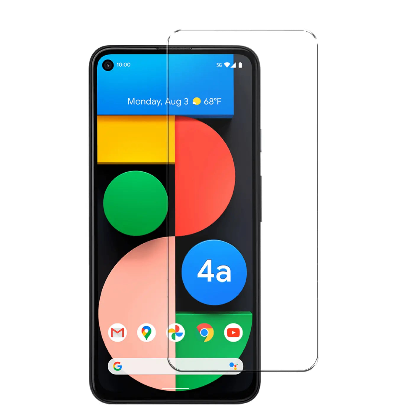 Google Pixel 4A 5G Smartphone mit transparentem Panzerglas-Displayschutz, schräg von oben rechts.