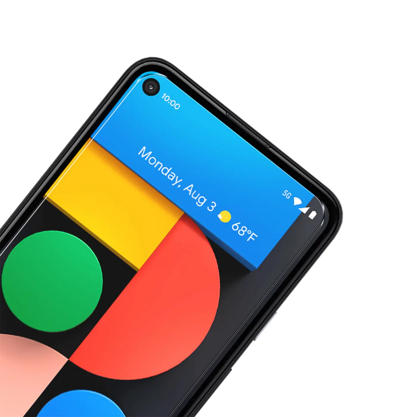 Schwarzes Google Pixel 4A 5G Smartphone, obere linke Ecke, mit Panzerglas-Displayschutz, schräg von oben.