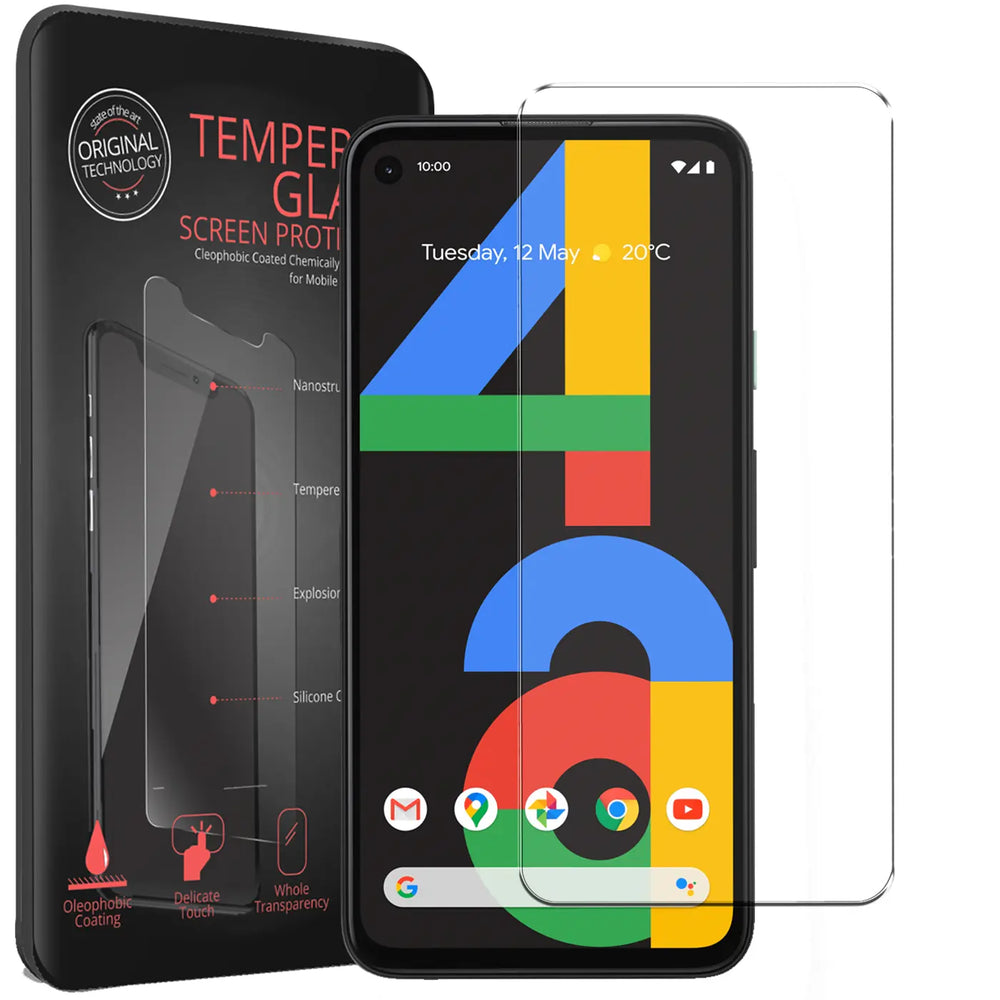 Schwarzes Google Pixel 4A, leicht schräg von vorne, mit Displayschutzfolie und Verpackung daneben.