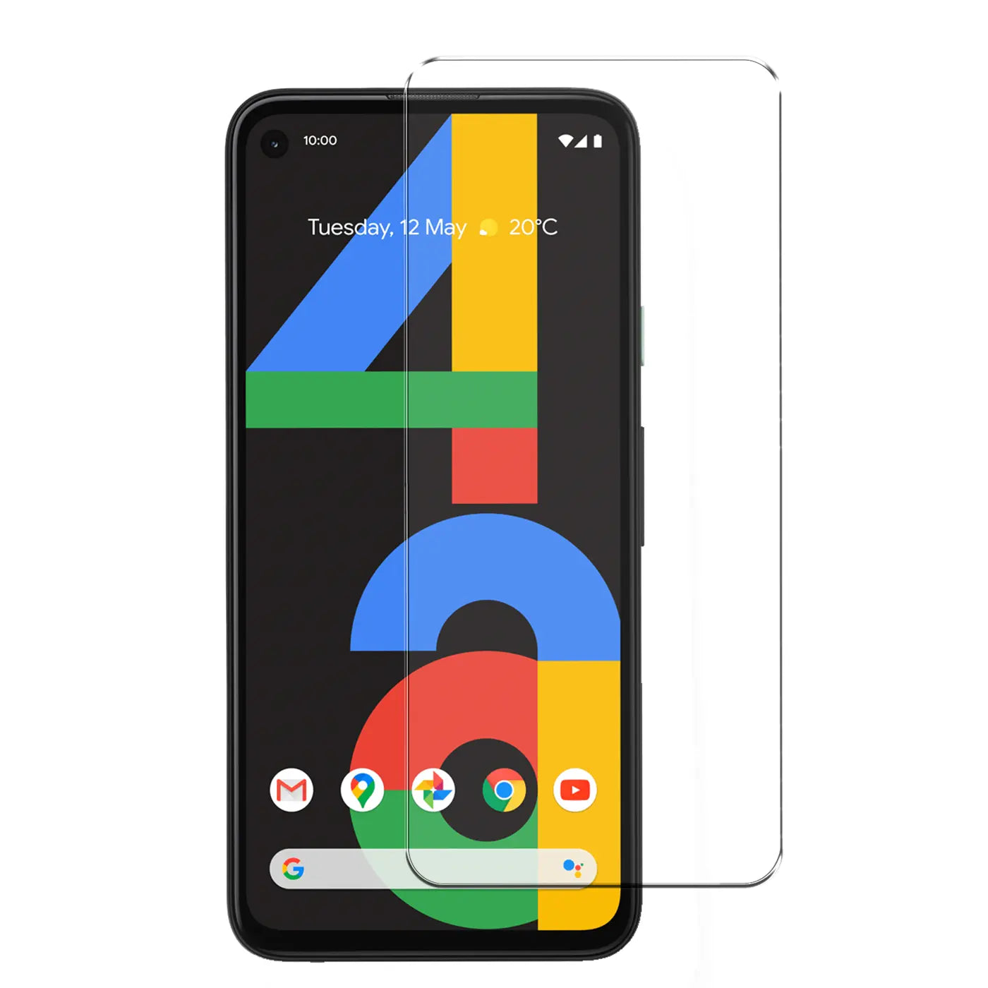 Schwarzes Google Pixel 4A von vorne mit transparentem Panzerglas-Displayschutz aus Glas, leicht rechts versetzt.