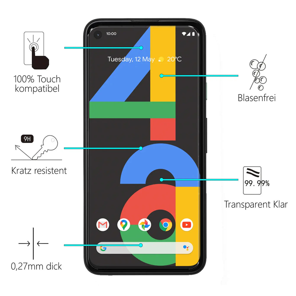 Schwarzes Google Pixel 4A, frontal, mit farbigem Display. Türkise Linien zeigen auf Eigenschaften wie "Kratz resistent".