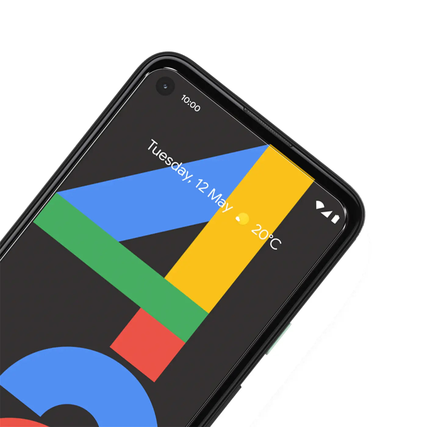 Schwarzes Google Pixel 4A, obere Hälfte des Displays schräg von oben. Mit bunten Google-Logo-Elementen.