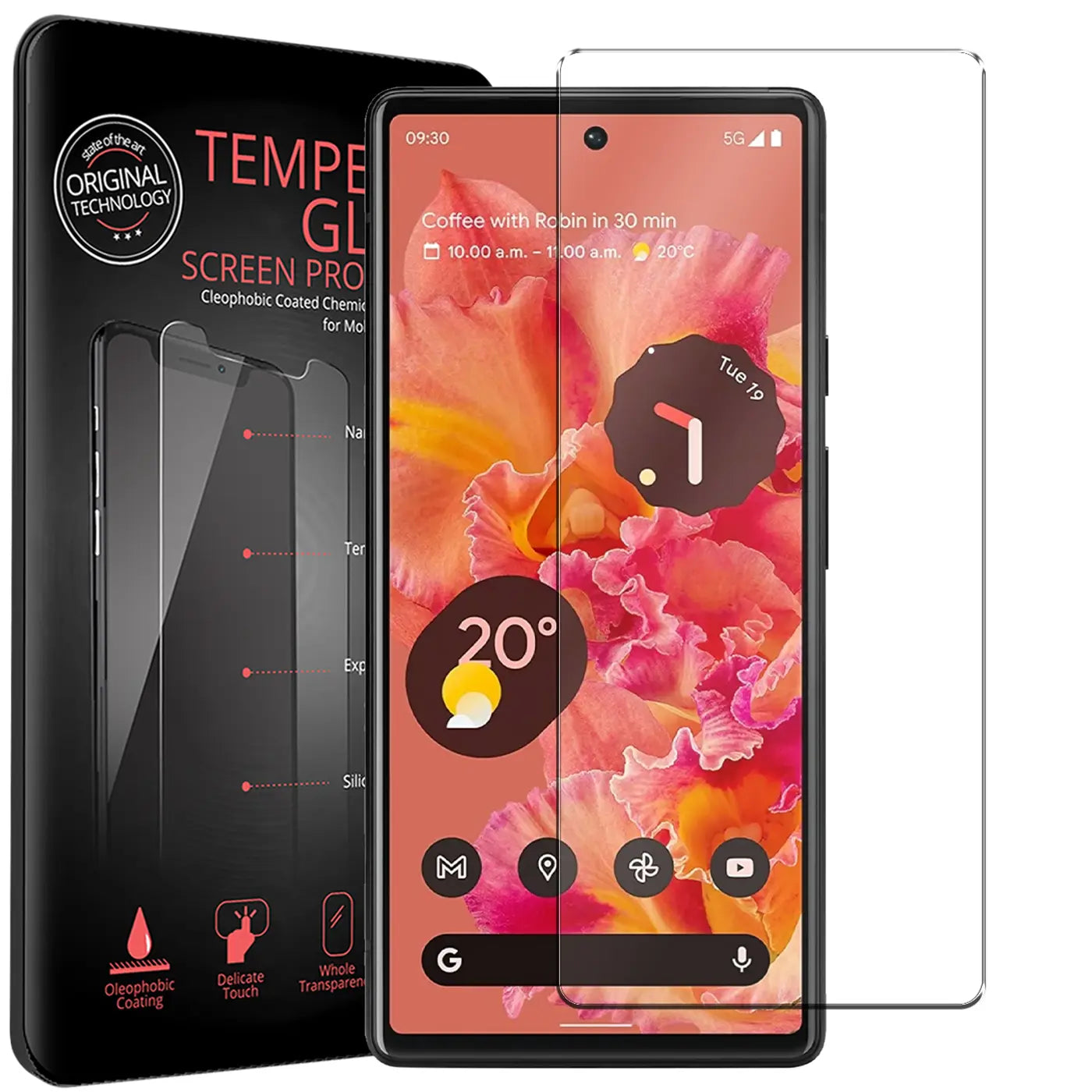 Schwarze Verpackung für Panzerglas, daneben ein Google Pixel 6 mit Display und ein separates, klares Panzerglas.