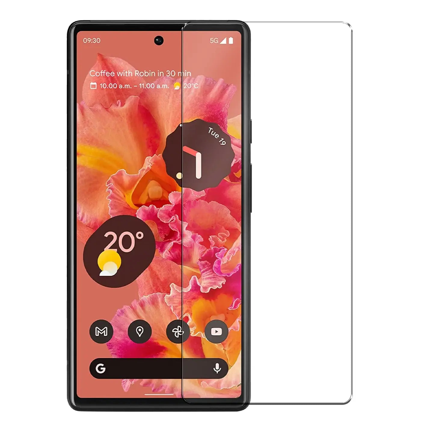 Google Pixel 6 mit aufgelegtem, transparentem Panzerglas Displayschutz und einem weiteren daneben, von vorne.
