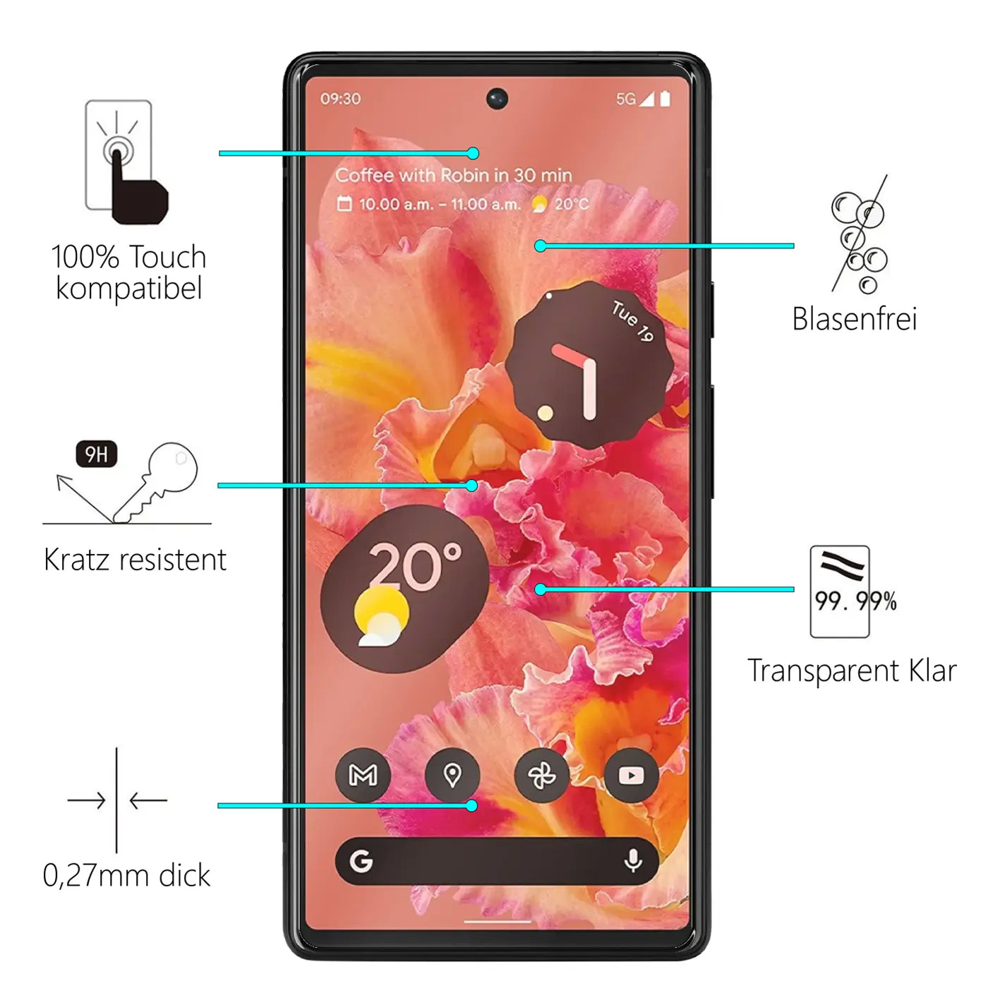 Google Pixel 6 mit Panzerglas Displayschutz (transparent, Glas) von vorne, umgeben von Produktmerkmalen.