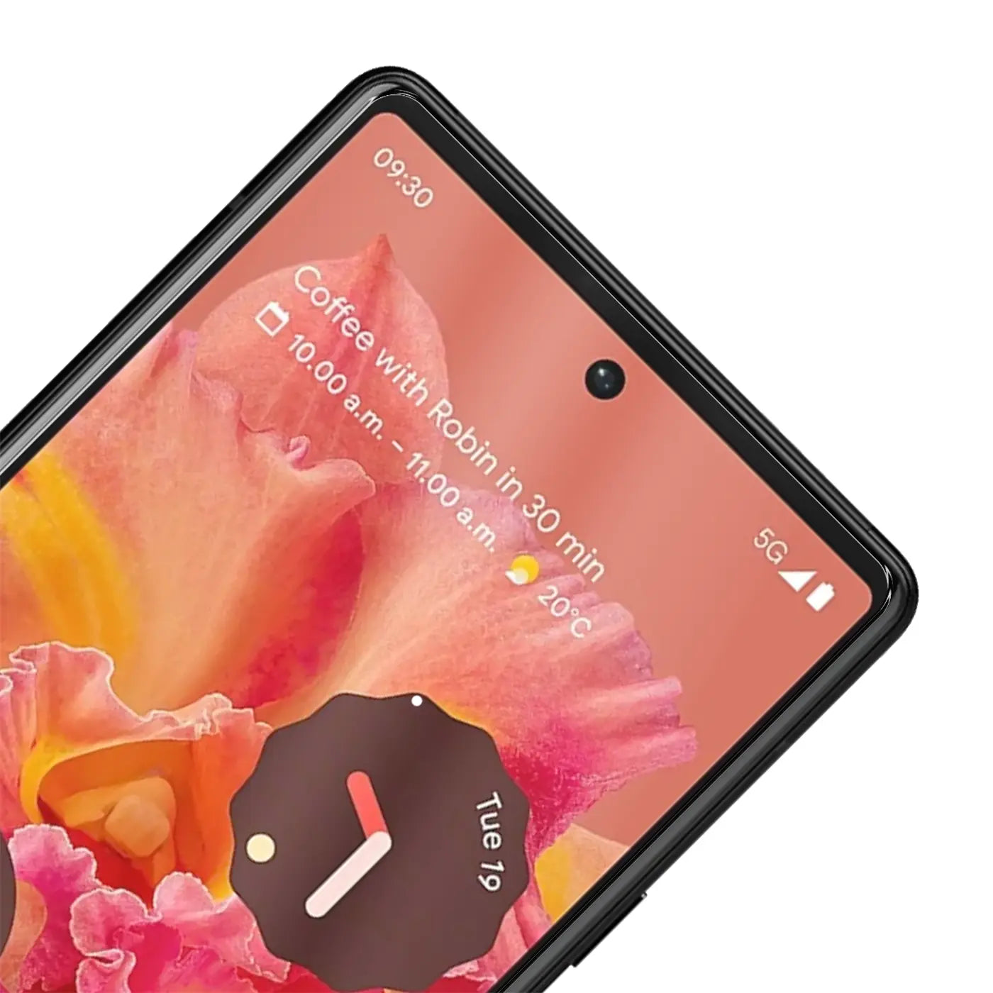 Nahaufnahme eines Google Pixel 6 mit schwarzem Rahmen, Display mit rosa-gelbem Blumen-Hintergrund und Uhrzeit.
