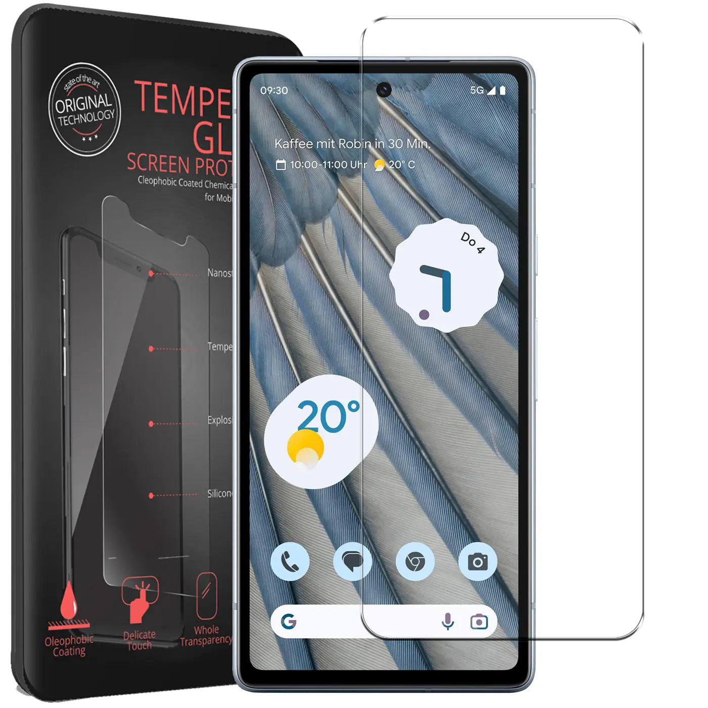 Schwarze Verpackung mit Panzerglas-Abbildung, daneben ein Google Pixel 7a und ein transparentes Panzerglas.