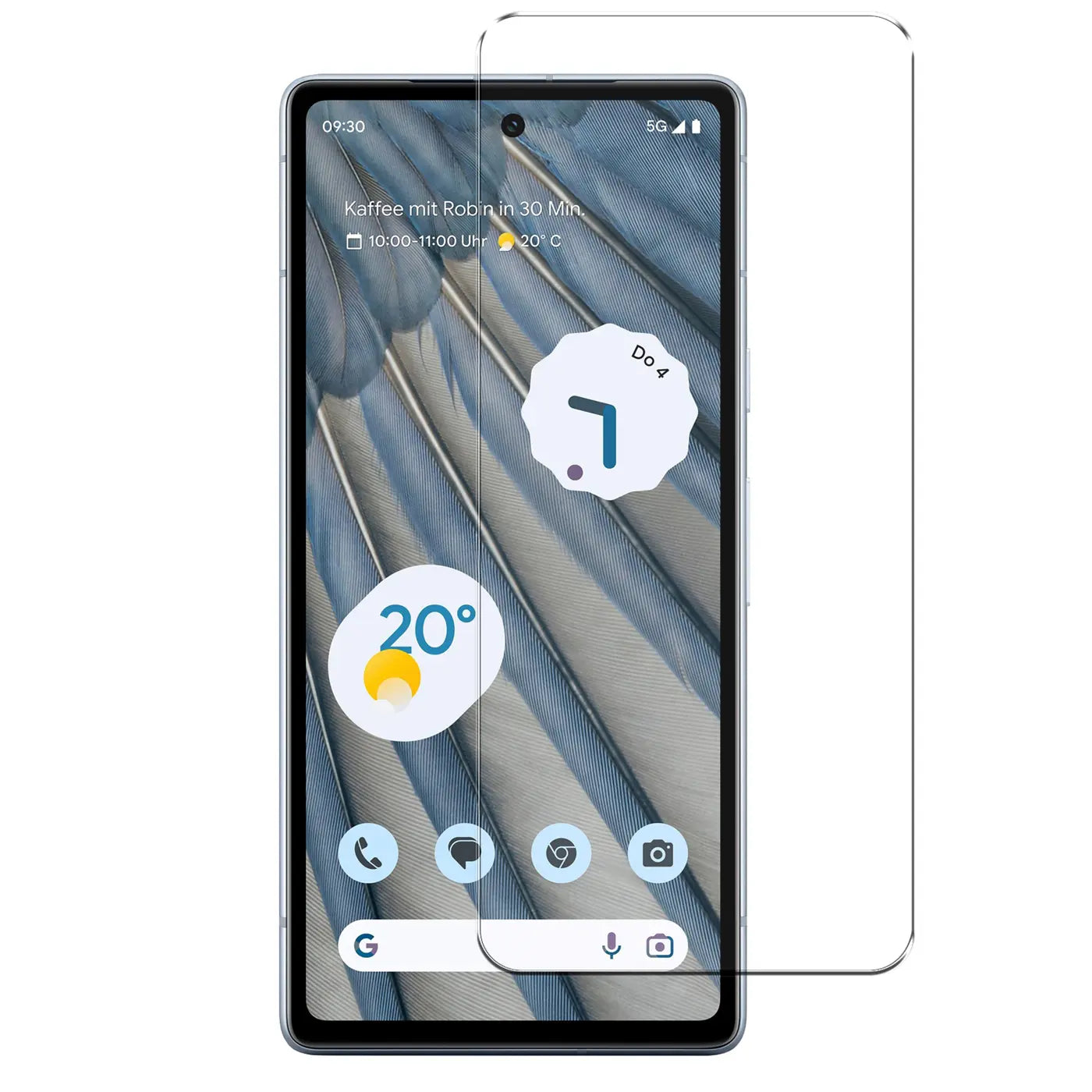 Google Pixel 7a Smartphone mit transparentem Panzerglas-Displayschutz, von vorne, leicht nach rechts gekippt.