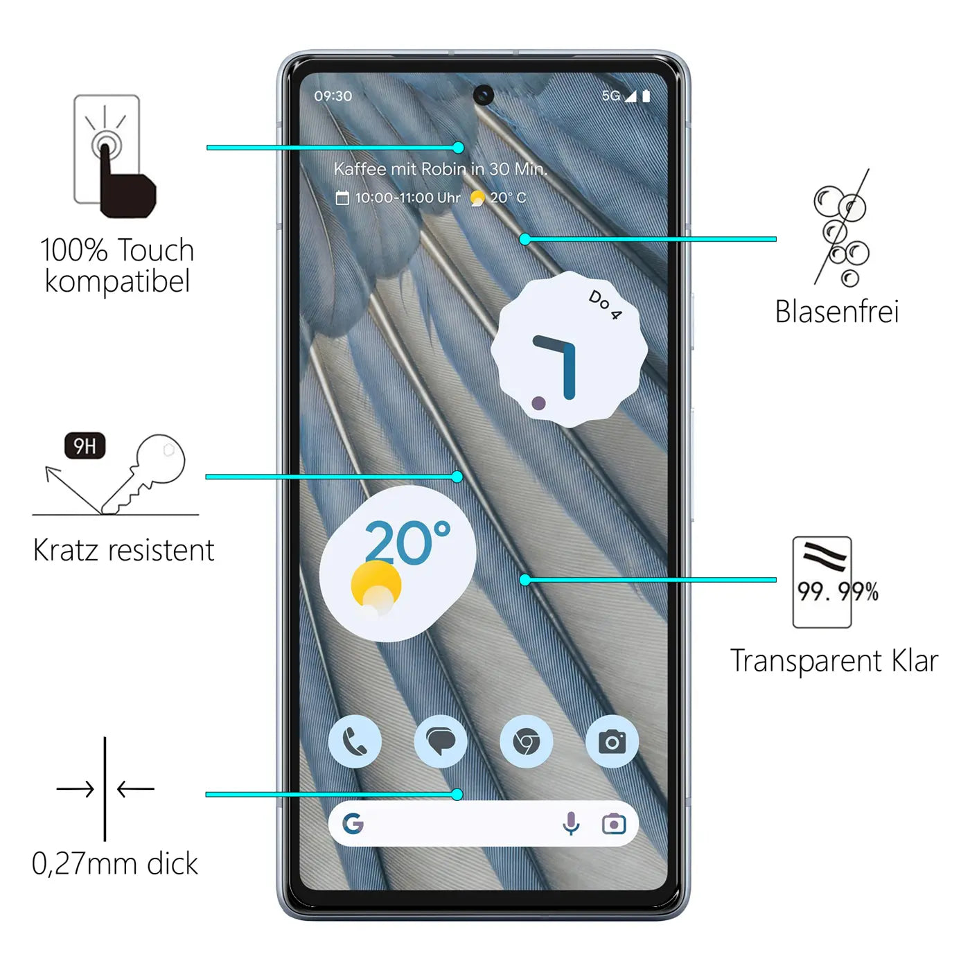 Google Pixel 7a Smartphone von vorne, Display mit Panzerglas, umgeben von Icons und Texten zu Eigenschaften wie "Kratz.