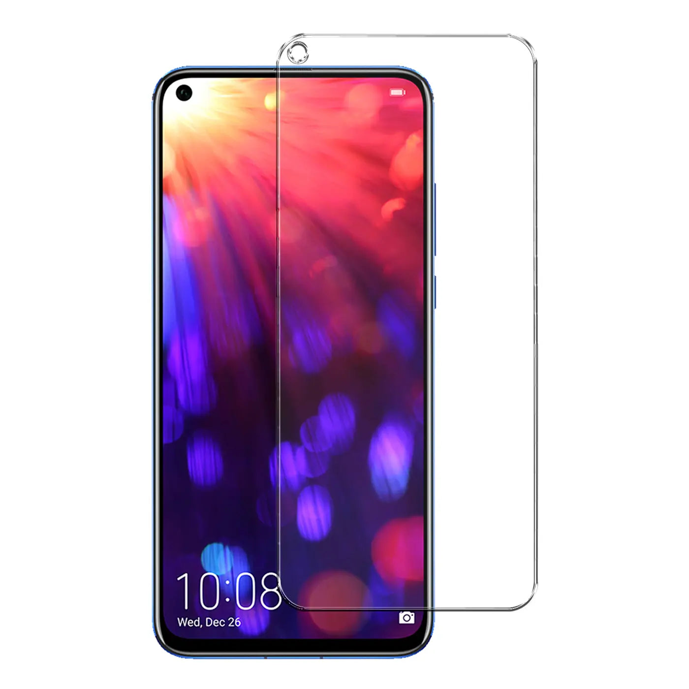Honor 20/20 Pro/Nova 5T Smartphone mit transparentem Panzerglas-Displayschutz von vorne, leicht schräg rechts.