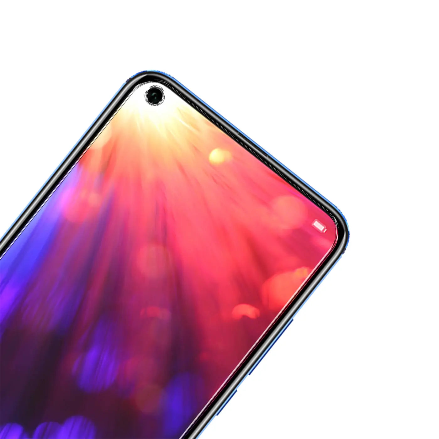 Oberer Teil eines blauen Honor 20/20 Pro/Nova 5T mit Panzerglas-Displayschutz, schräg von oben.