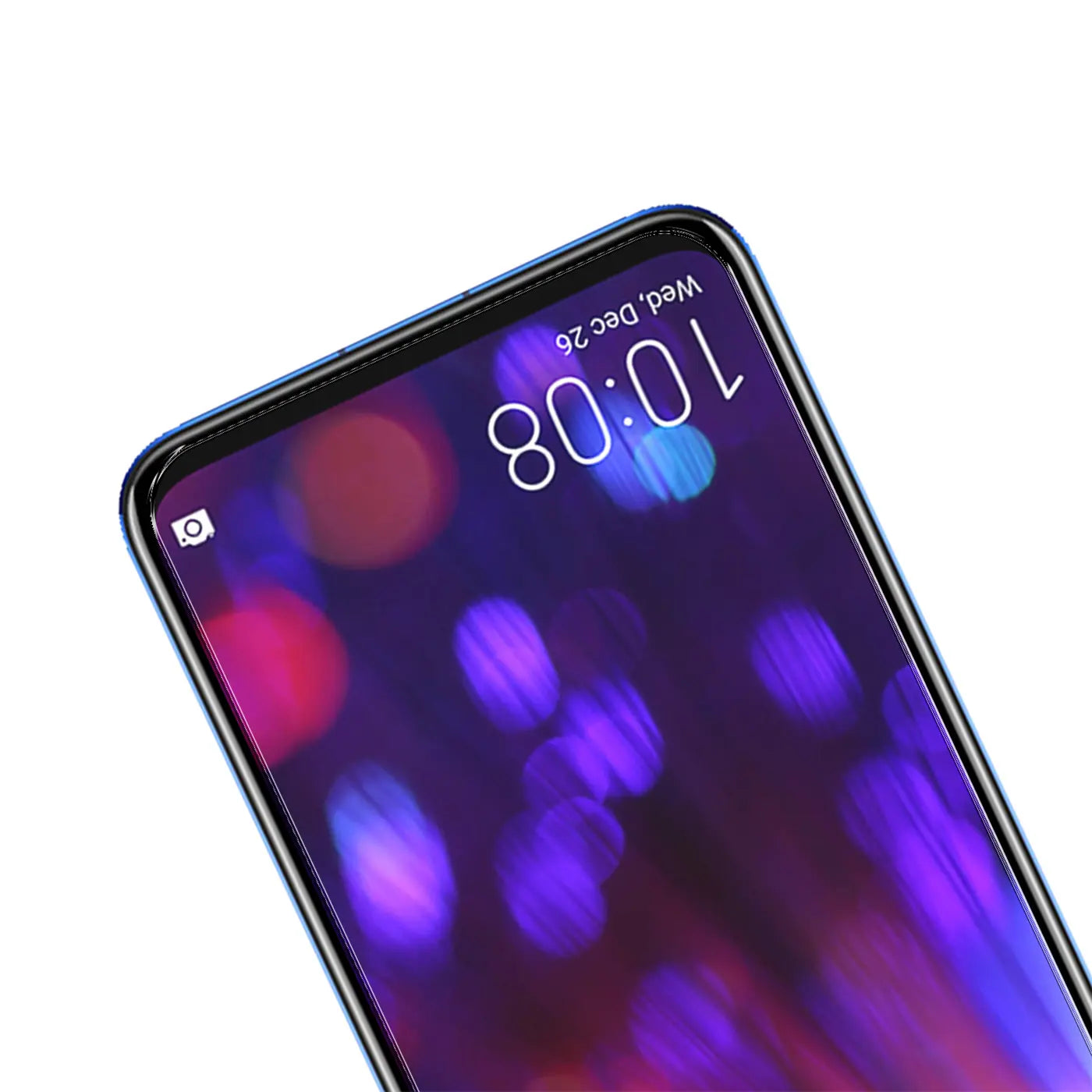 Nahaufnahme des oberen Bereichs eines blauen Honor 20/20 Pro/Nova 5T mit Panzerglas-Displayschutz.