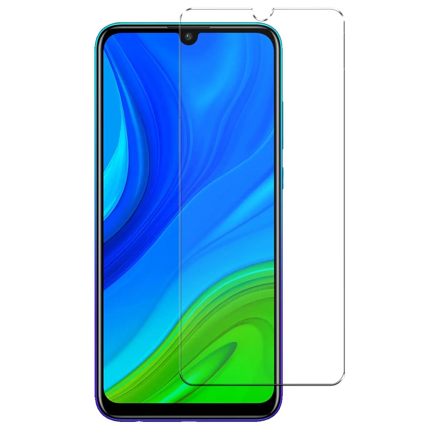 Honor 20 Lite/20E Smartphone mit blau-grünem Display, daneben ein klarer Panzerglas Displayschutz. Frontalansicht.