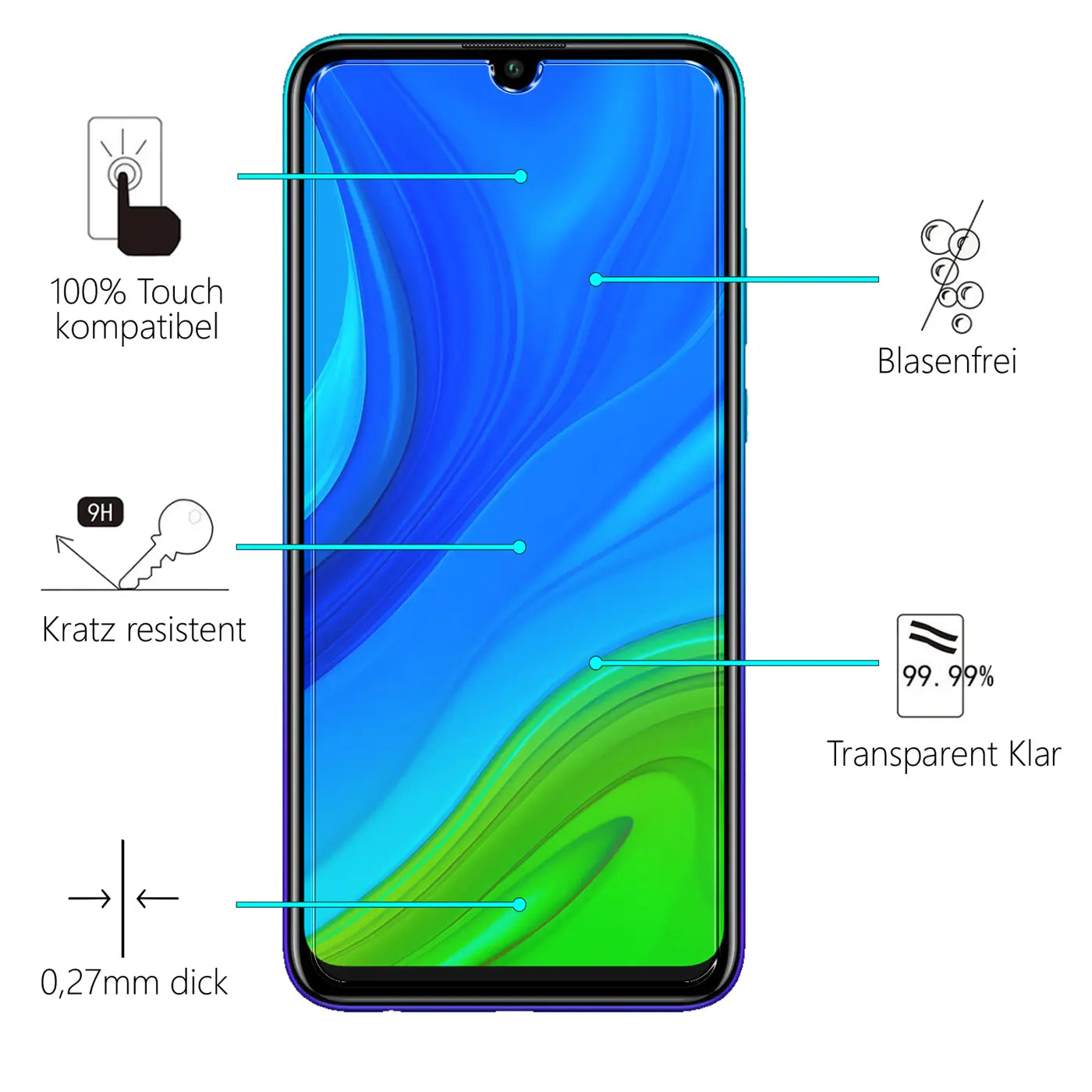 Honor 20 Lite/20E Handy mit blau-grünem Display, von vorne. Panzerglas-Eigenschaften: 100% Touch, kratzresistent 9H, 0,27mm.