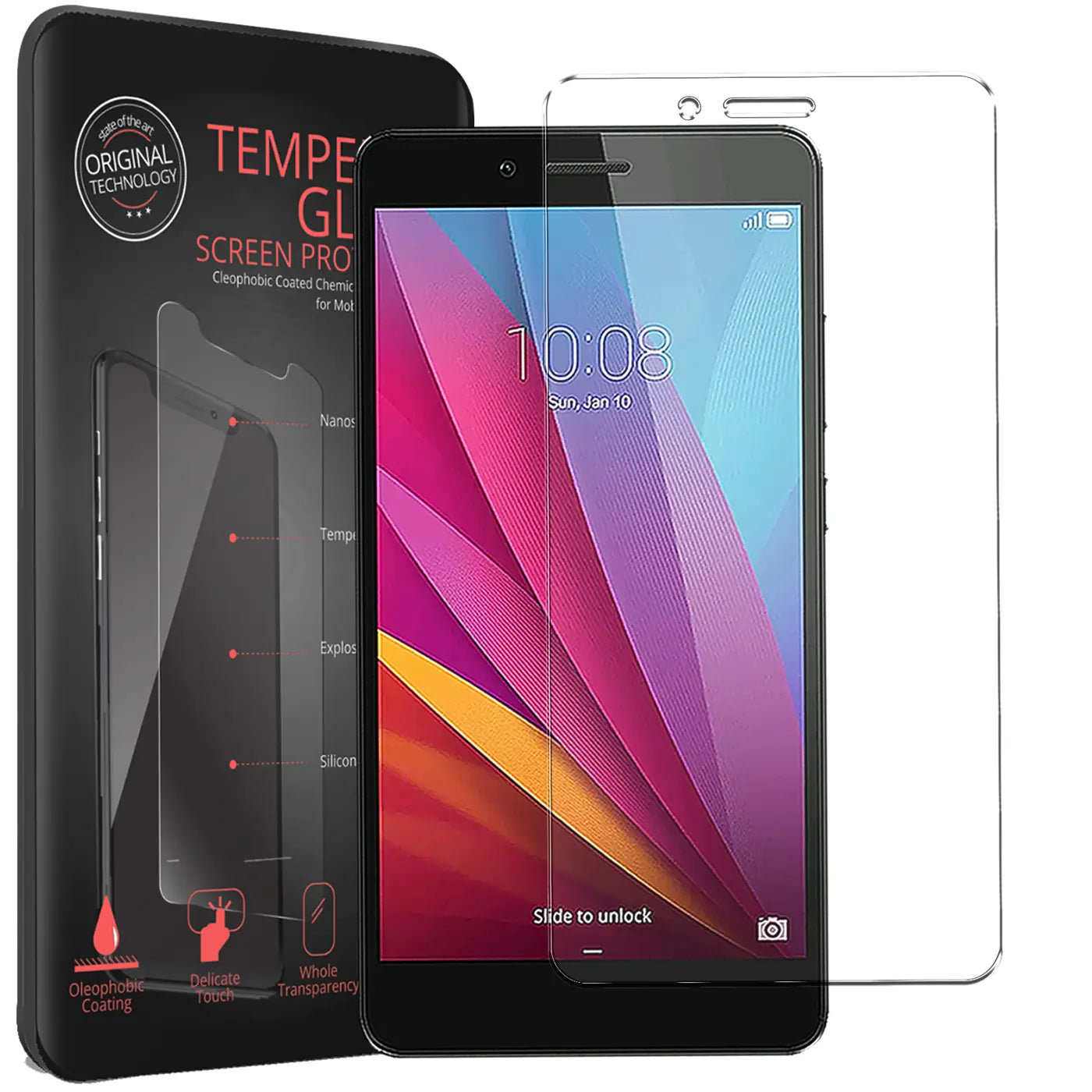 Schwarzes Honor 5X Smartphone mit farbigem Display, daneben eine schwarze Verpackung und ein transparentes Panzerglas.