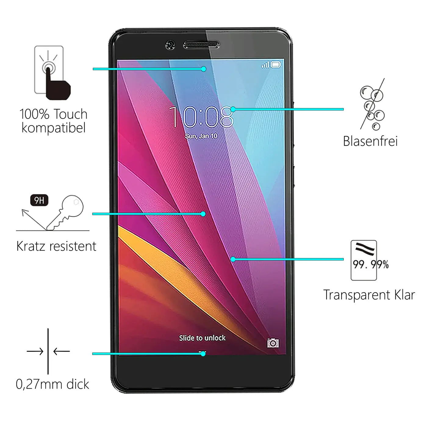 Schwarzes Honor 5X Smartphone frontal mit buntem Display und Infografiken zu Panzerglas-Eigenschaften auf weißem Hintergrund.