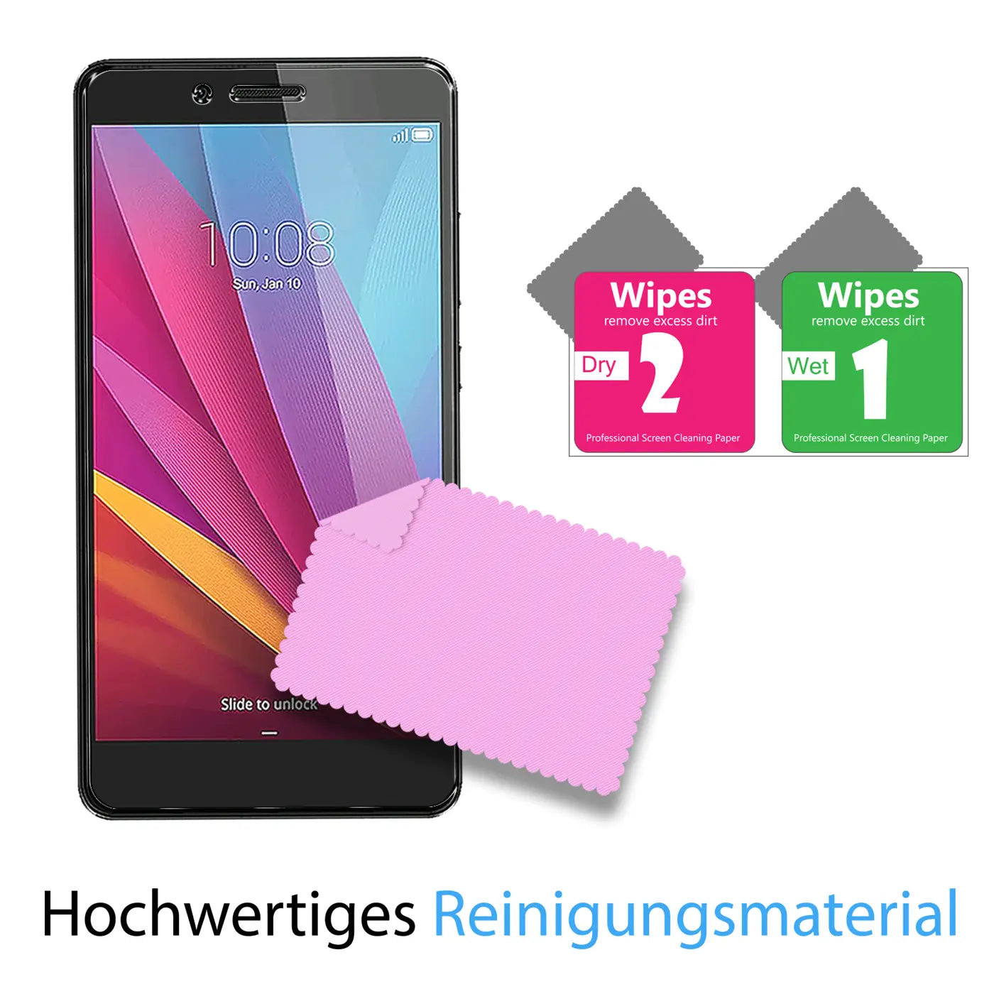 Schwarzes Honor 5X Smartphone mit pinkem Mikrofasertuch und zwei Reinigungstüchern (Wet/Dry) auf weißem Hintergrund.