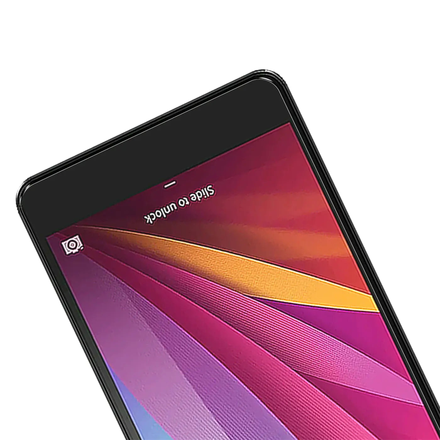 Nahaufnahme des oberen linken Bereichs eines schwarzen Honor 5X Smartphones mit bunten Streifen auf dem Display.