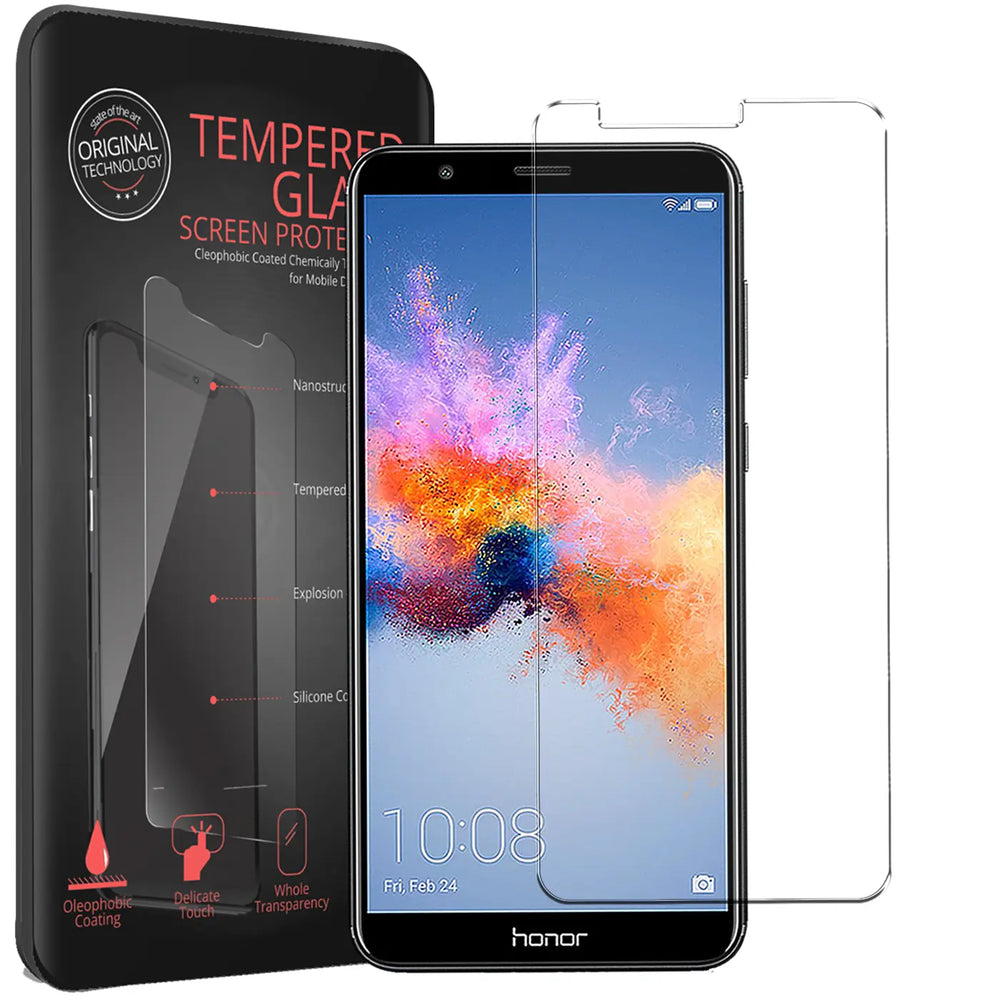 Schwarzes Honor 7 Smartphone mit angebrachtem Panzerglas, daneben ein weiteres Panzerglas und die schwarze Produktverpackung.