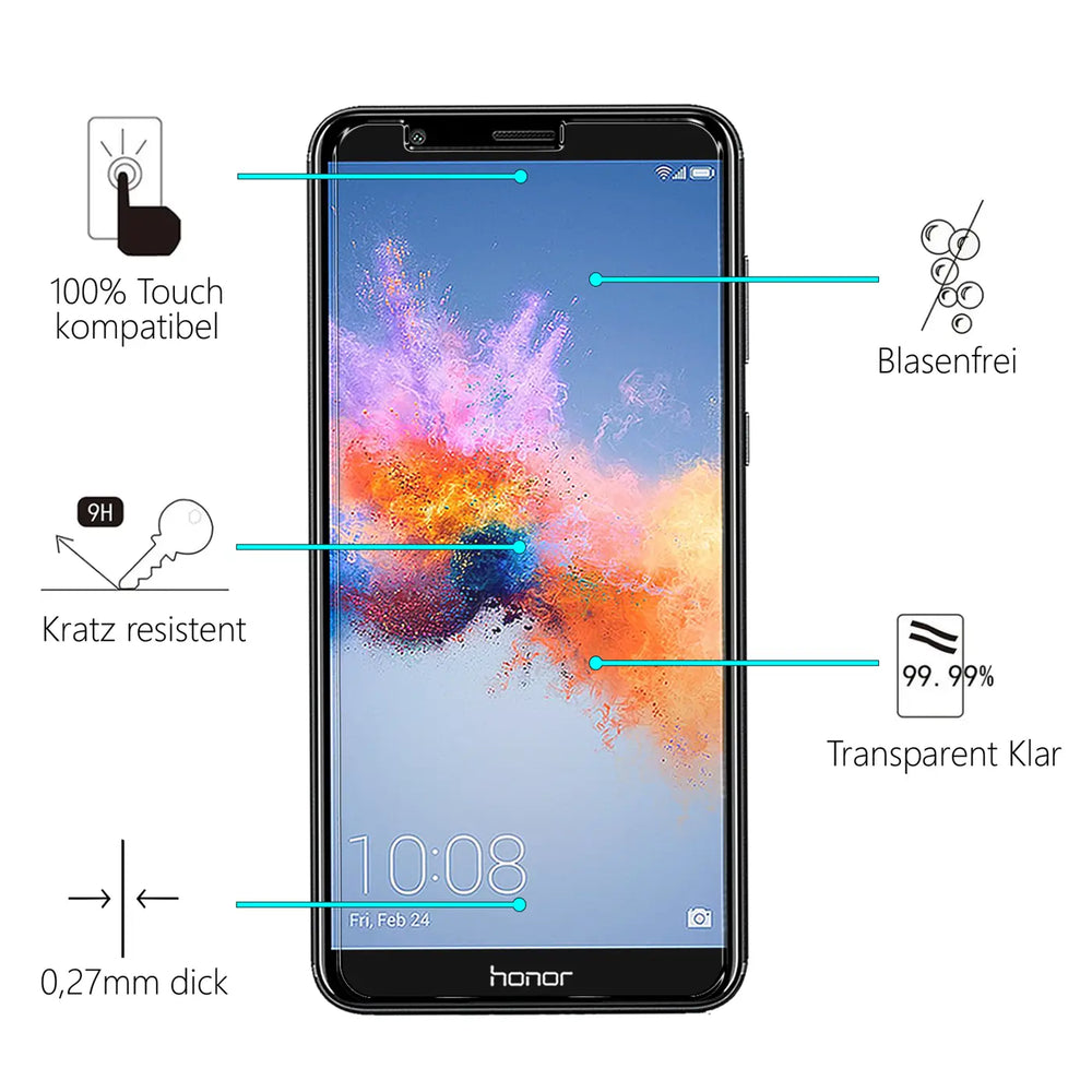 Schwarzes Honor 7 Smartphone mit Displayschutzfolie, frontal. Türkise Linien zeigen auf Symbole für Eigenschaften wie "Kratz.