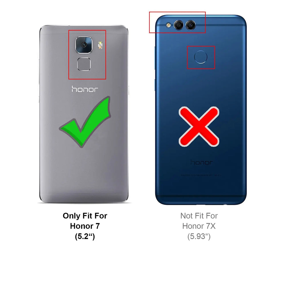 Rückseite eines grauen Honor 7 mit Haken und eines blauen Honor 7X mit X, zur Kompatibilitätsprüfung.