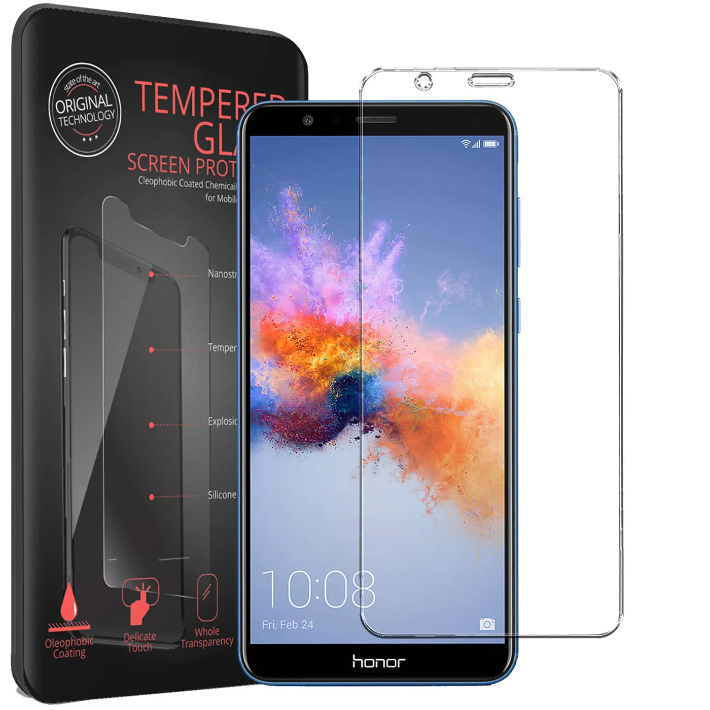 Schwarze Verpackung, blaues Honor 7X Smartphone mit Displayschutz und ein weiteres Panzerglas, schräg von vorne.