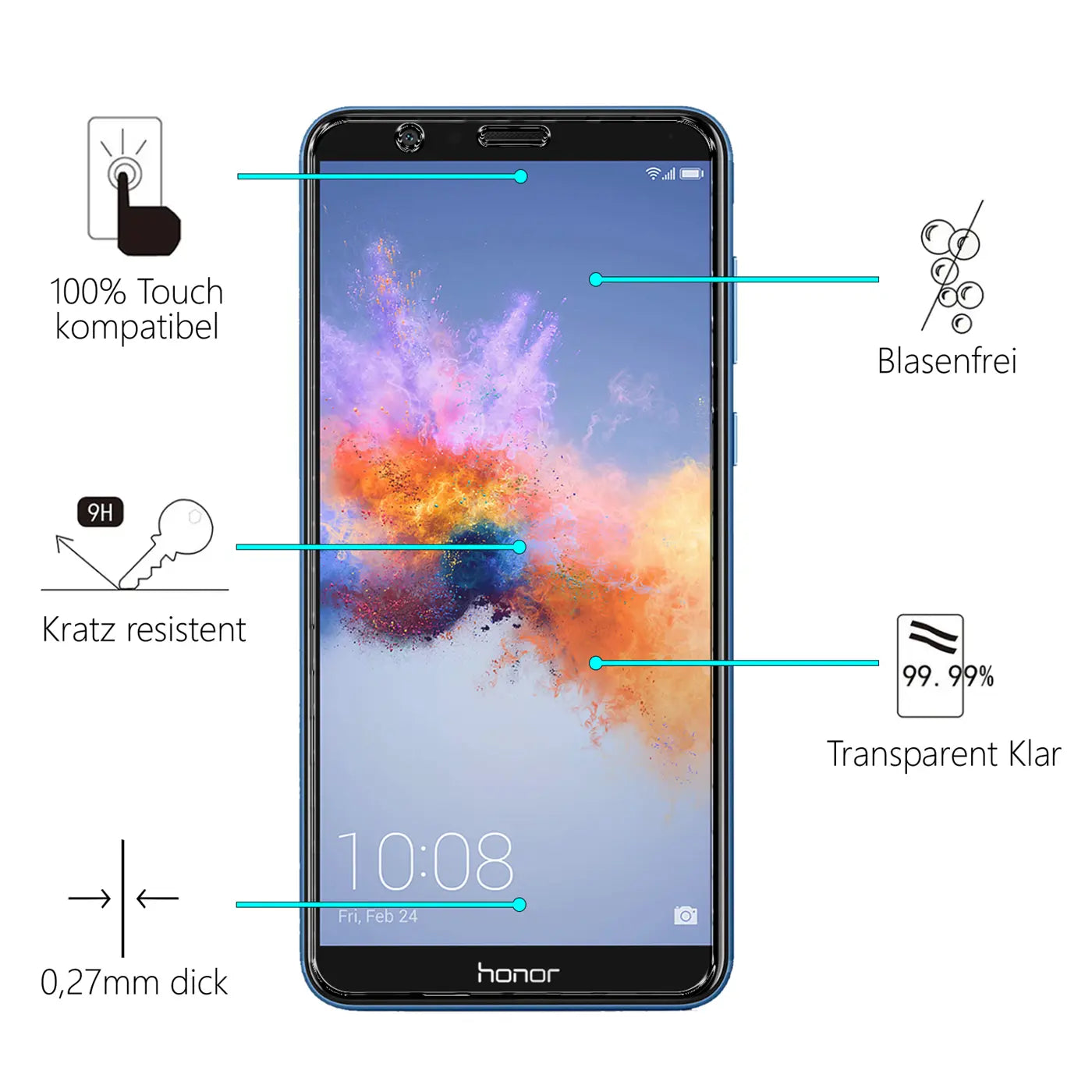 Blaues Honor 7X Smartphone von vorne mit Panzerglas Displayschutz. Mehrere Eigenschaften wie "Kratz resistent" sind markiert.