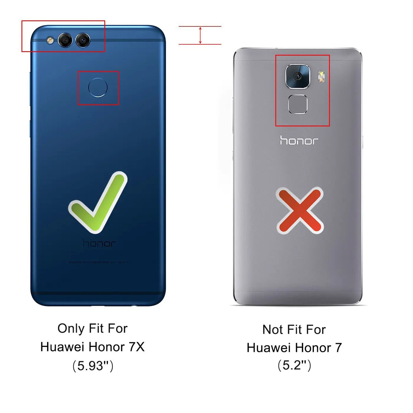 Rückseite eines blauen Honor 7X mit horizontaler Dual-Kamera und Fingerabdrucksensor (links), daneben ein graues Honor 7.