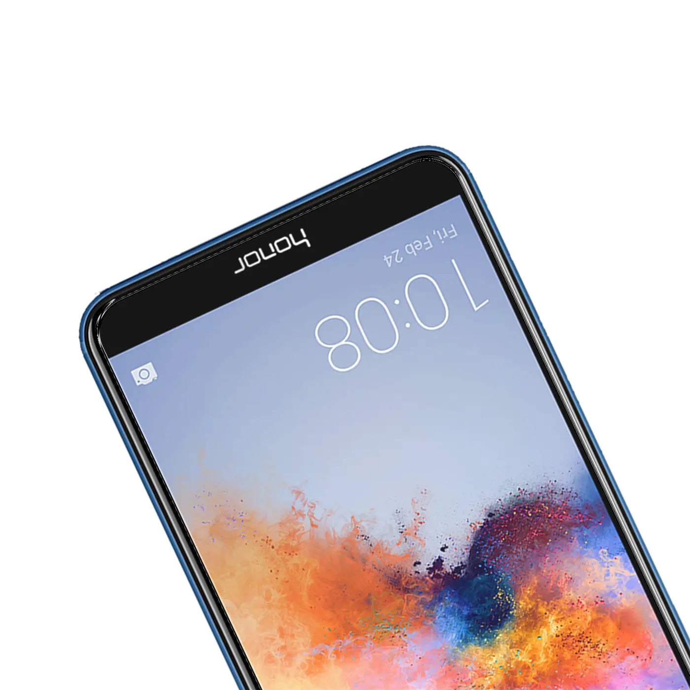 Blaues Honor 7X Smartphone, schräg von oben, mit Displayschutzfolie auf dem Bildschirm und "honor" Logo.