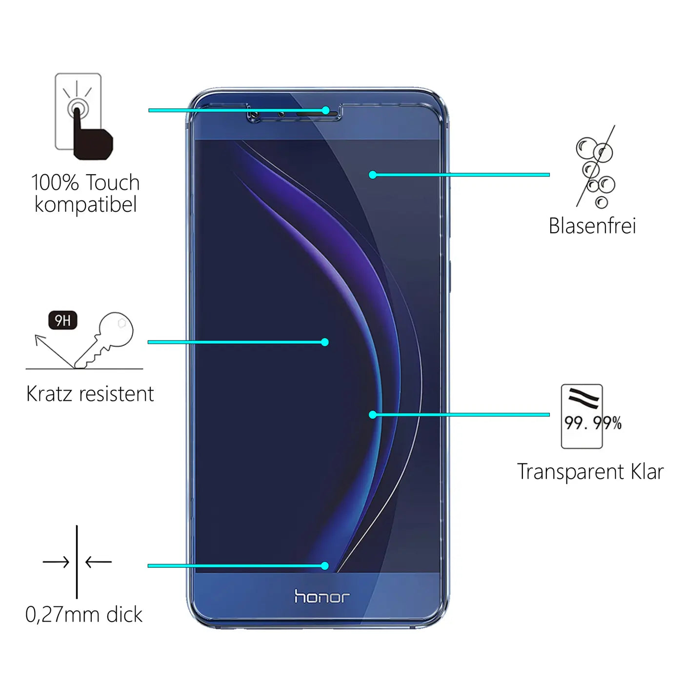 Blaues Honor 8 Smartphone mit transparentem Panzerglas-Displayschutz von vorne, umgeben von Icons mit Produktmerkmalen.