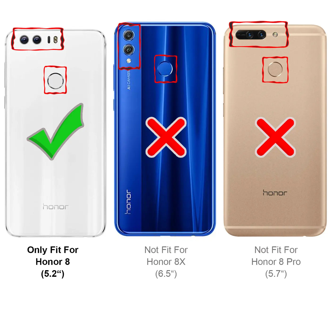 Rückansicht von drei Honor Smartphones: weißes Honor 8 (Haken), blaues Honor 8X (Kreuz), goldenes Honor 8 Pro (Kreuz).