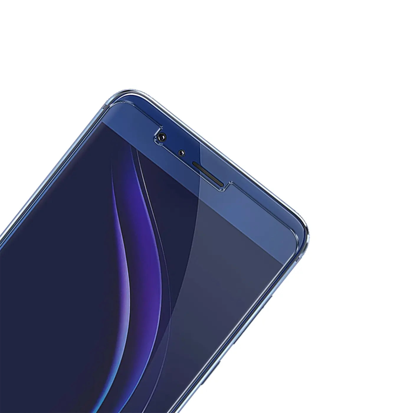 Honor 8 Smartphone, obere rechte Ecke, mit transparentem Panzerglas-Displayschutz aus der Vogelperspektive.