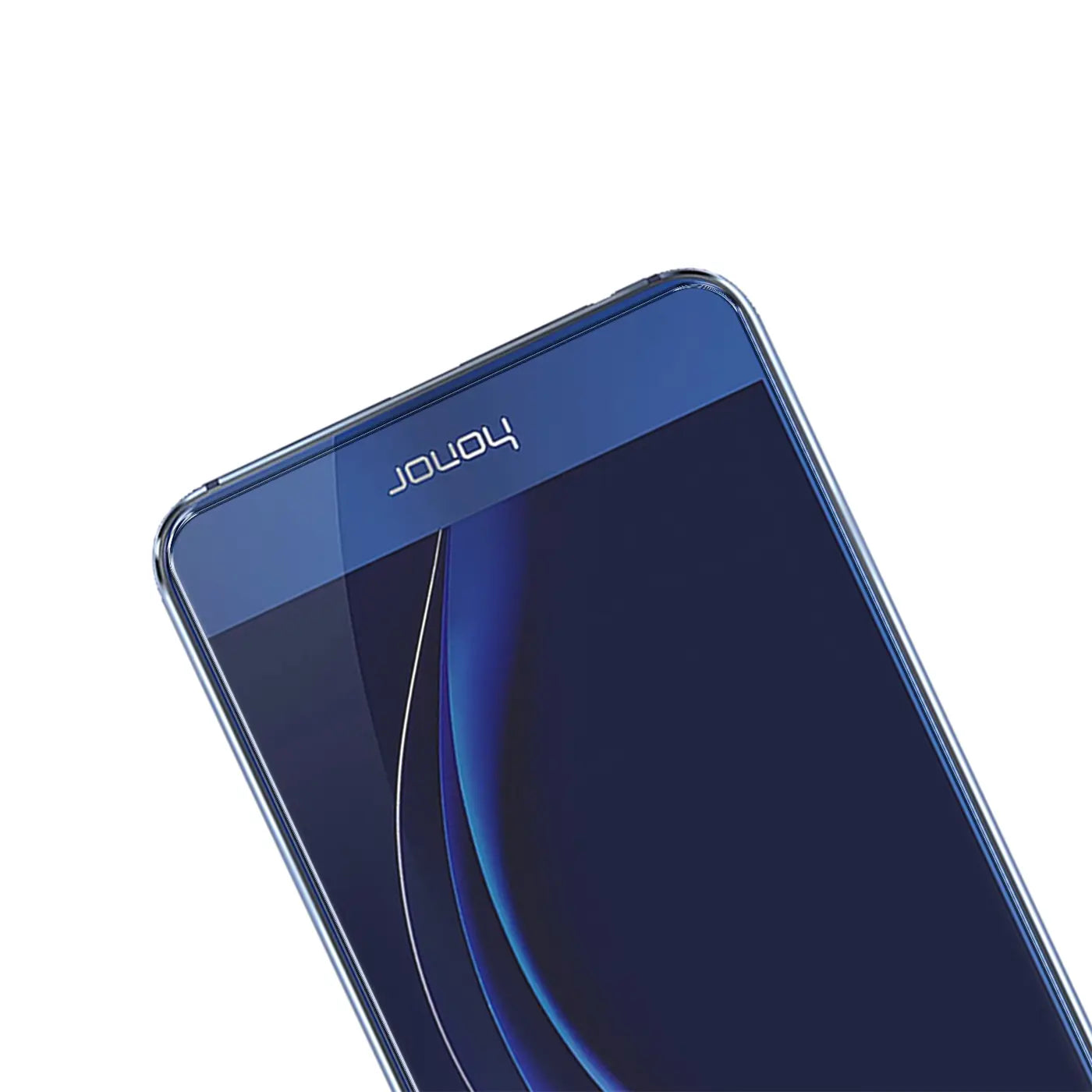 Oberer Teil eines blauen Honor 8 Smartphones mit Displayschutzfolie aus Panzerglas, schräg von oben.