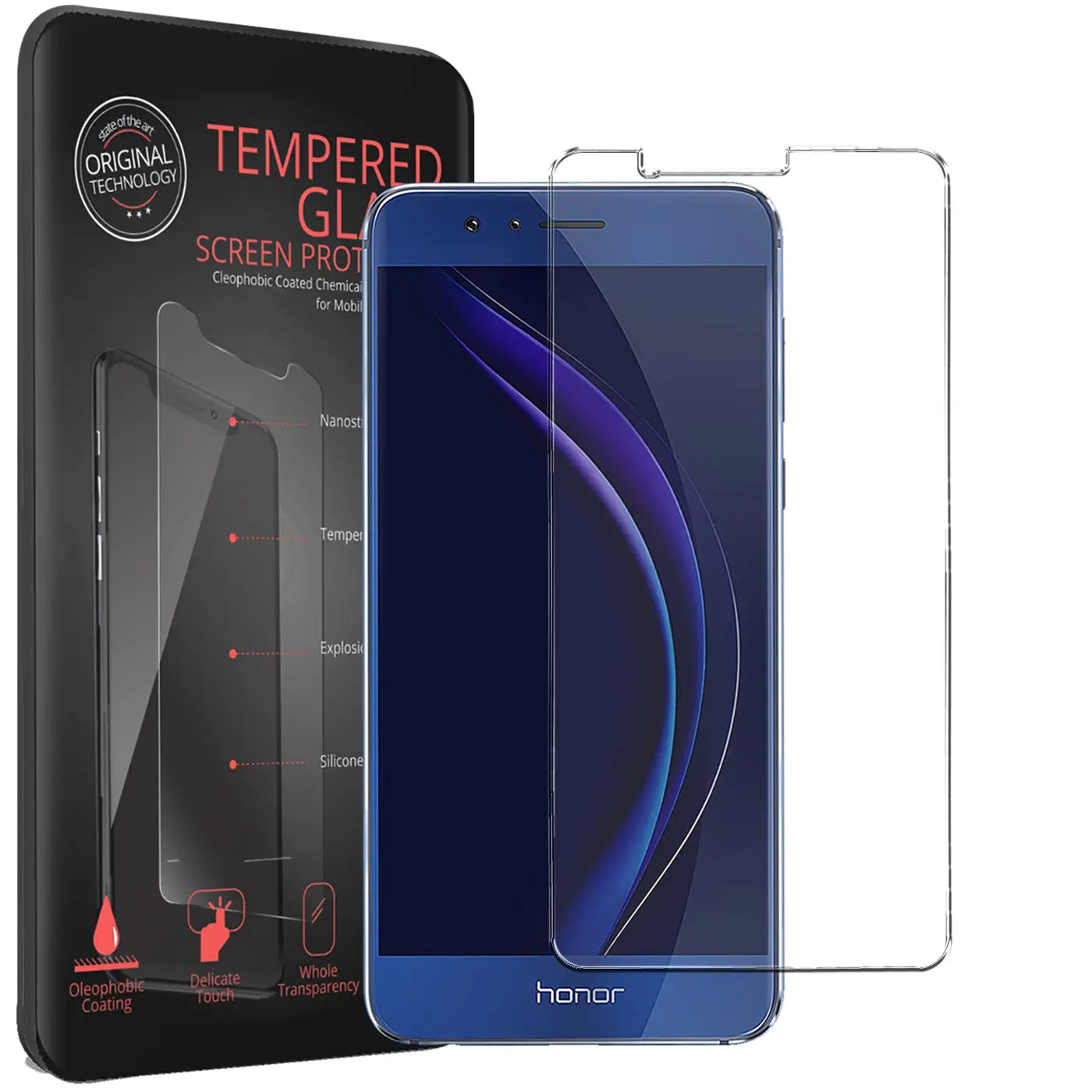Schwarze Verpackung, blaues Honor 8 Pro Smartphone mit aufgelegtem Panzerglas und einem weiteren daneben, von vorne.