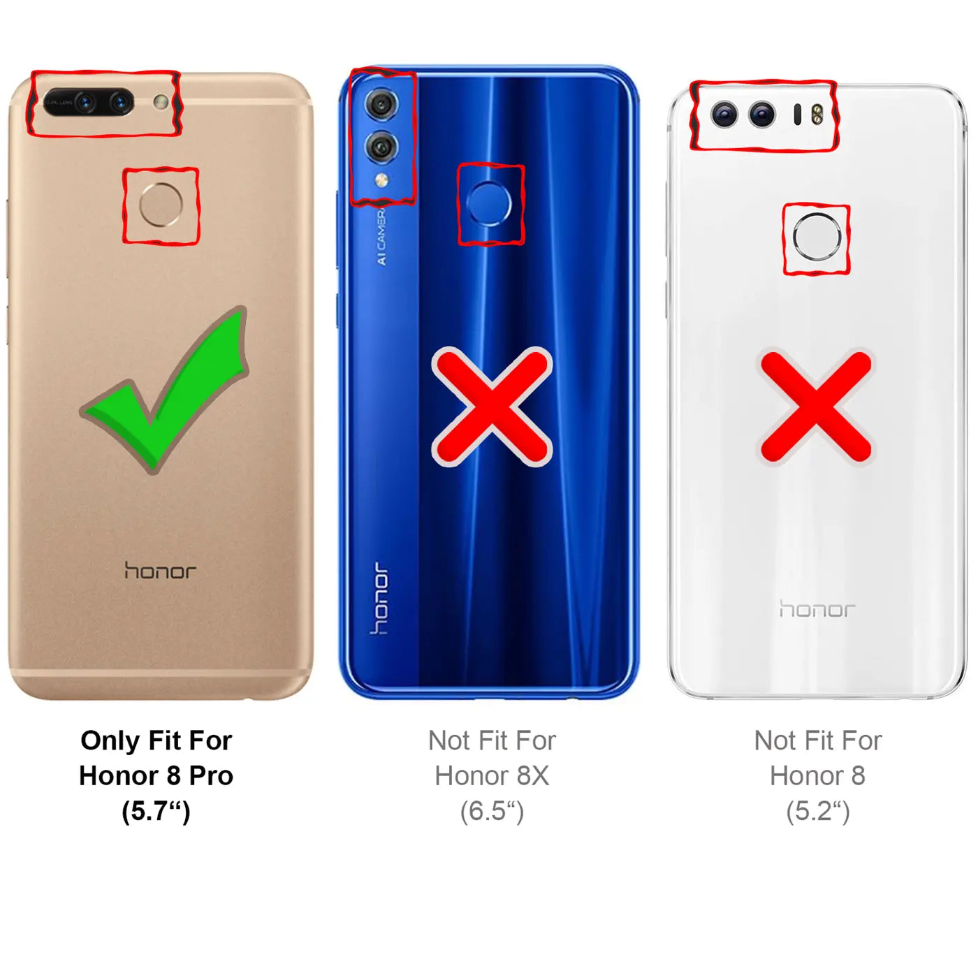 Rückansichten von drei Honor-Smartphones: Gold Honor 8 Pro (Haken), blau Honor 8X (Kreuz), weiß Honor 8 (Kreuz).