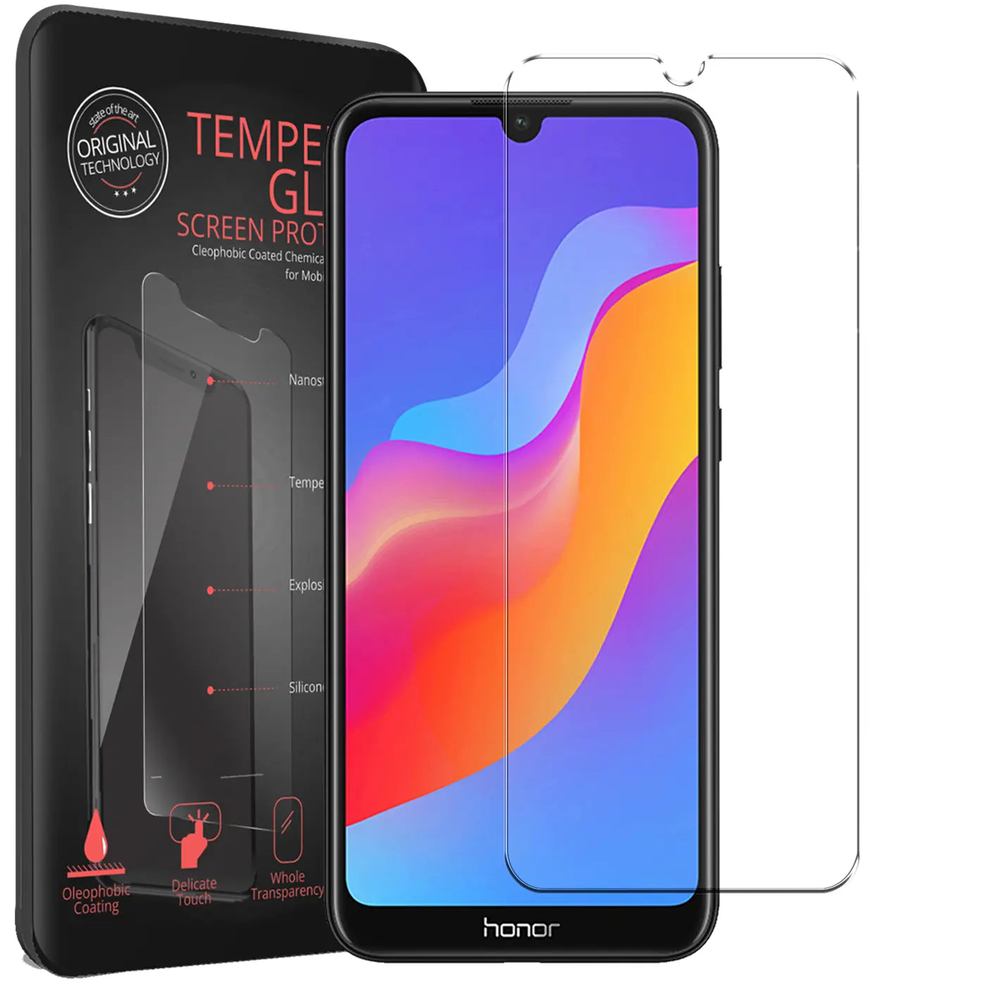Schwarzes Honor 8A Smartphone, daneben ein Panzerglas Displayschutz. Links eine schwarze Verpackung mit Produktinfos.