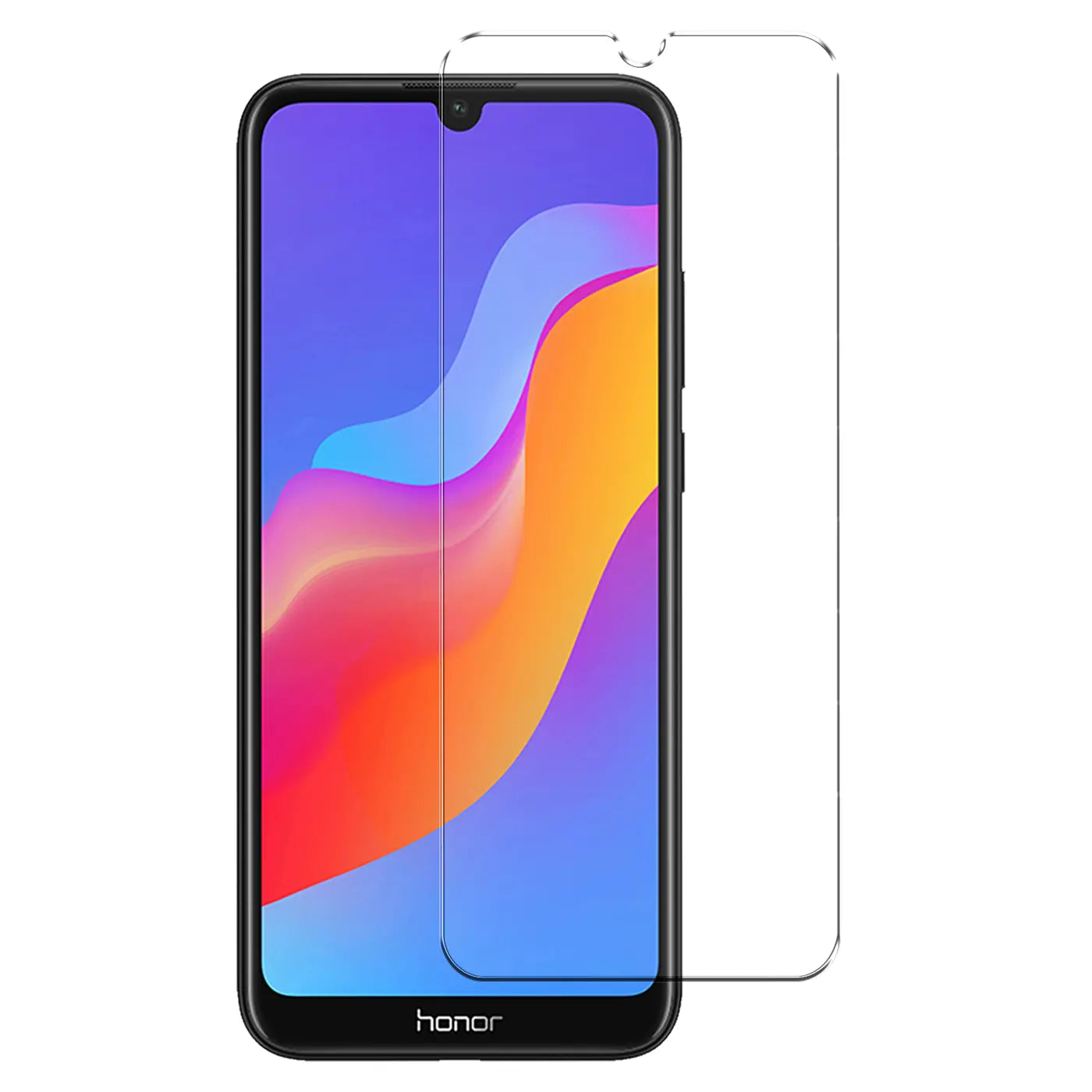 Honor 8A Handy mit transparentem Panzerglas Displayschutz, frontal von oben rechts.