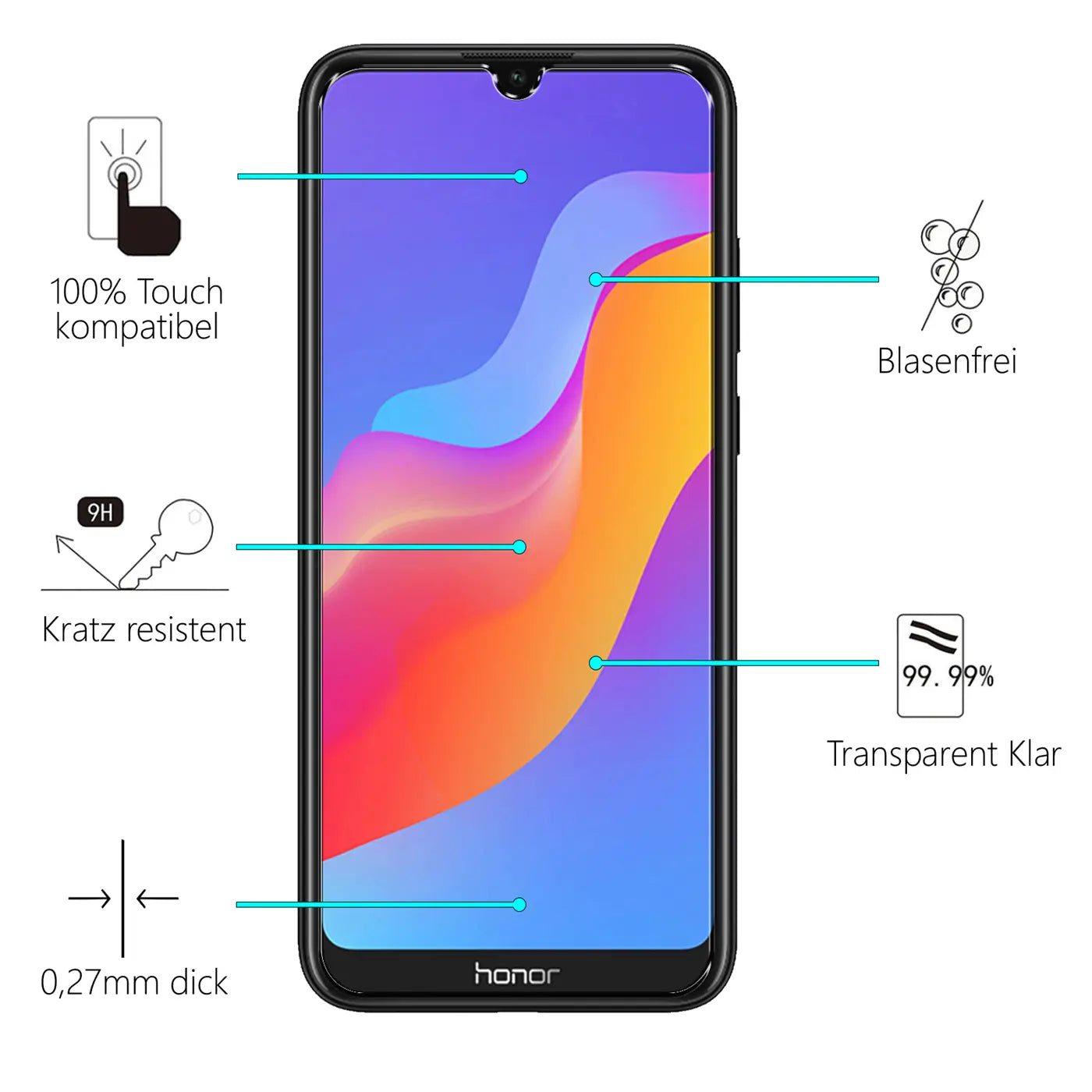 Honor 8A Smartphone mit Panzerglas Displayschutz (transparent, Glas) von vorne, umgeben von Produktmerkmalen.