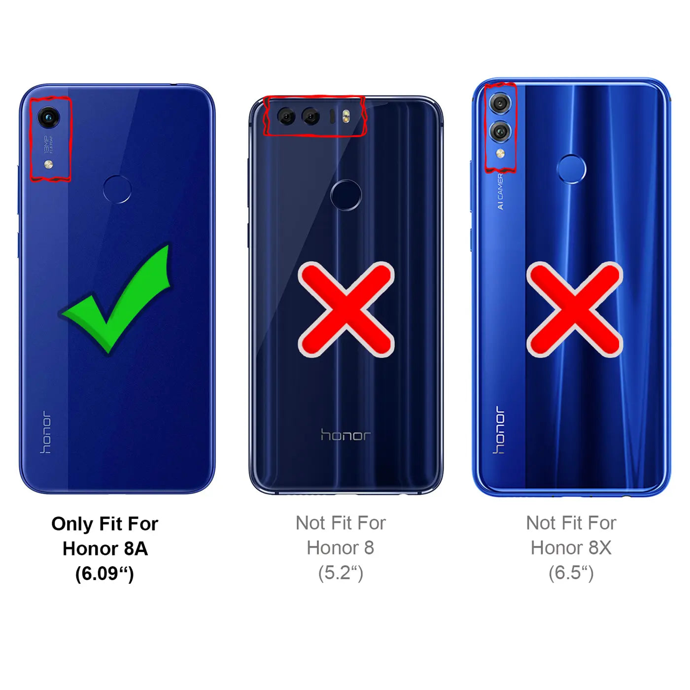 Drei blaue Honor Smartphones von hinten, das linke mit grünem Haken (Honor 8A), die anderen mit rotem X.