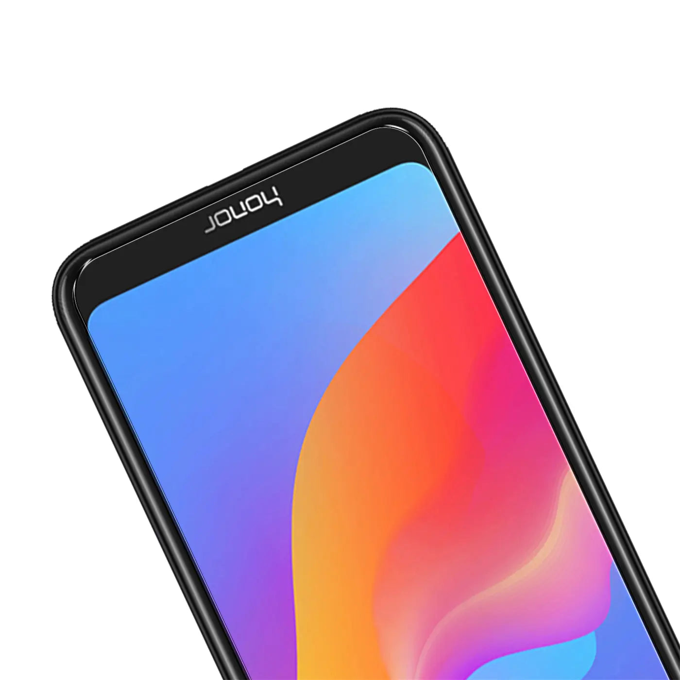 Oberer Teil eines Honor 8A Smartphones mit Panzerglas-Displayschutz, schräg von oben. Schwarzer Rahmen, bunter Bildschirm.