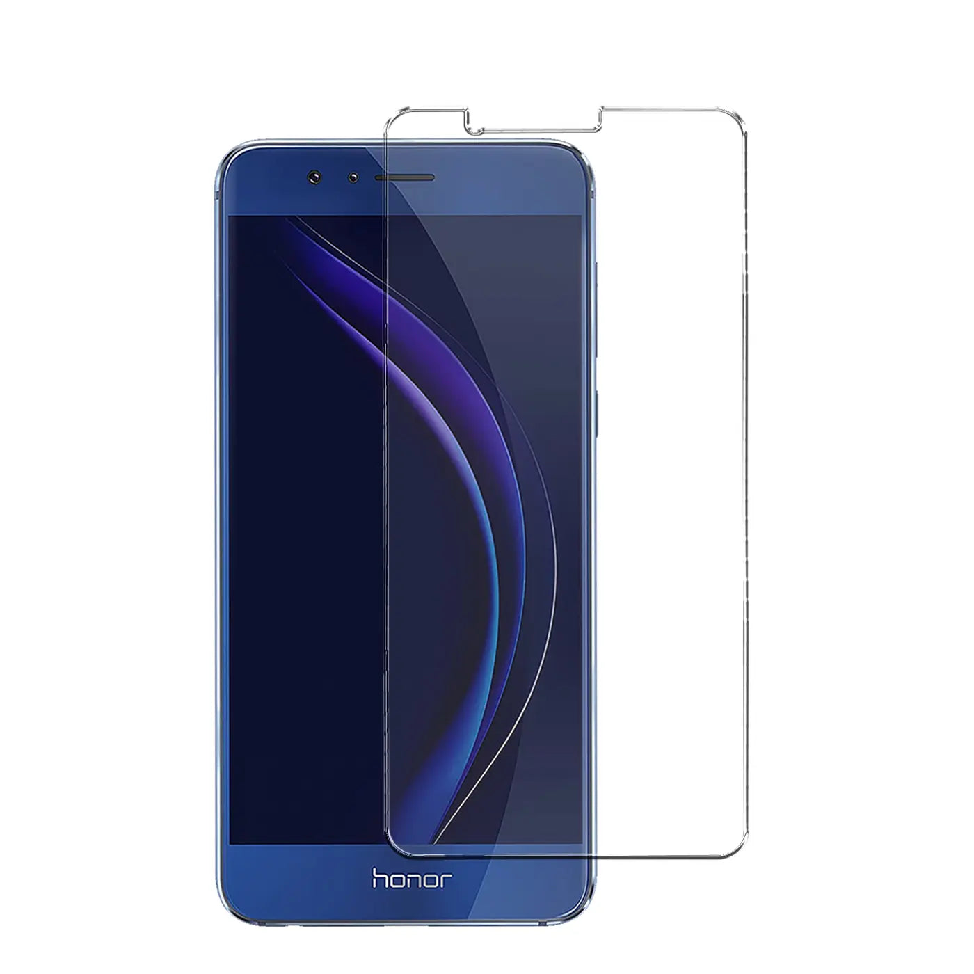 Blaues Honor 8X Smartphone mit halb aufgelegtem, transparentem Panzerglas Displayschutz, frontal.