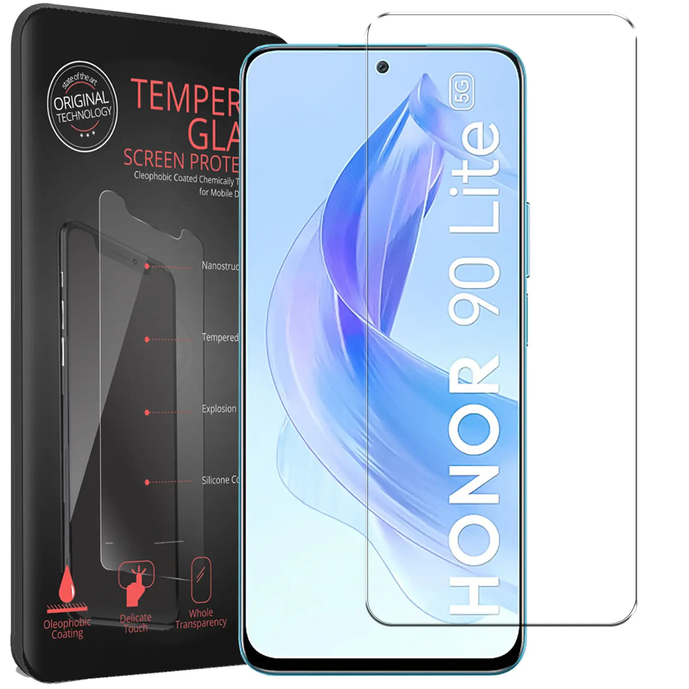 Schwarze Verpackung, Honor 90 Lite Smartphone mit Panzerglas-Displayschutz von vorne, daneben ein zweiter Schutz.