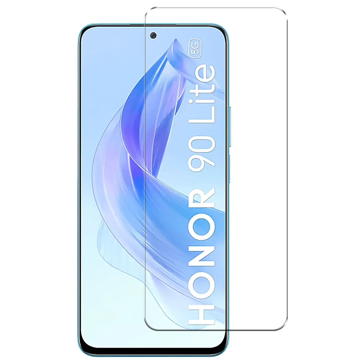 Honor 90 Lite Smartphone mit transparentem Panzerglas-Displayschutz von vorne, leicht schräg von oben.