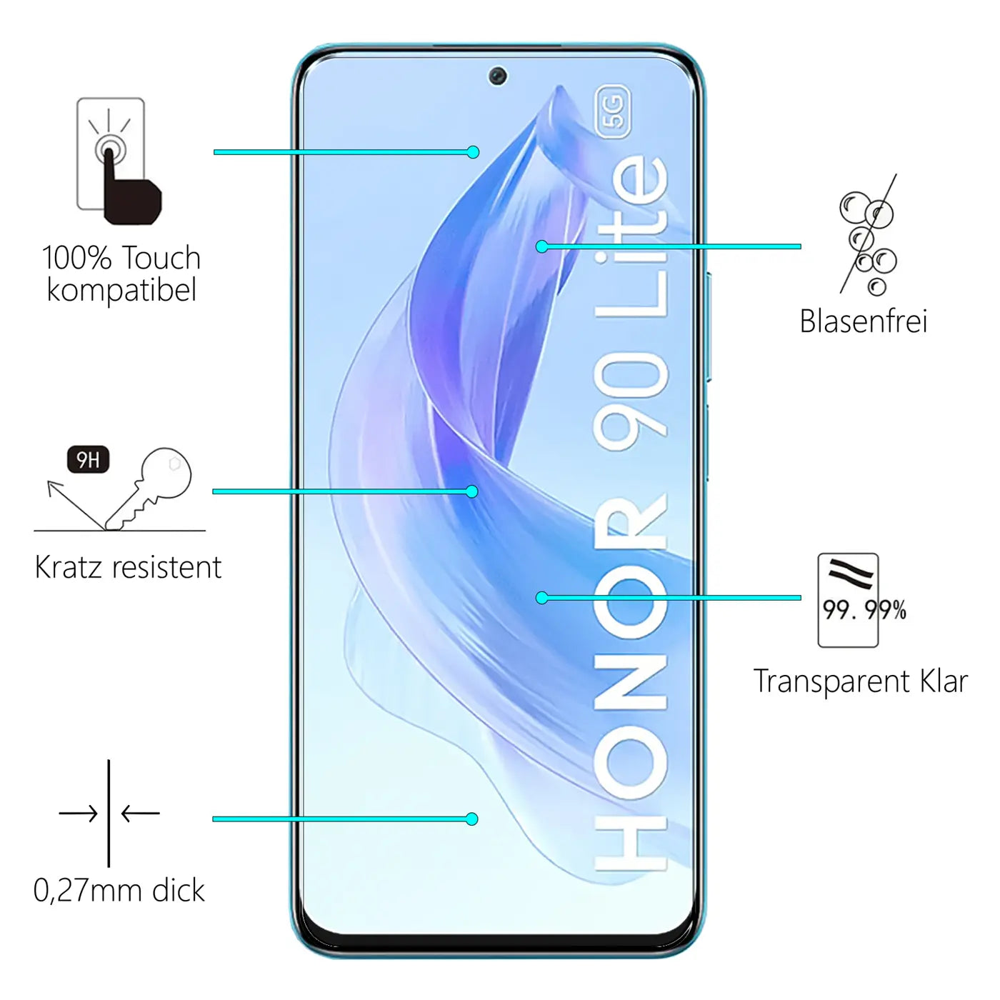 Frontansicht eines blauen Honor 90 Lite Smartphones mit Panzerglas-Displayschutz und Produktmerkmalen.
