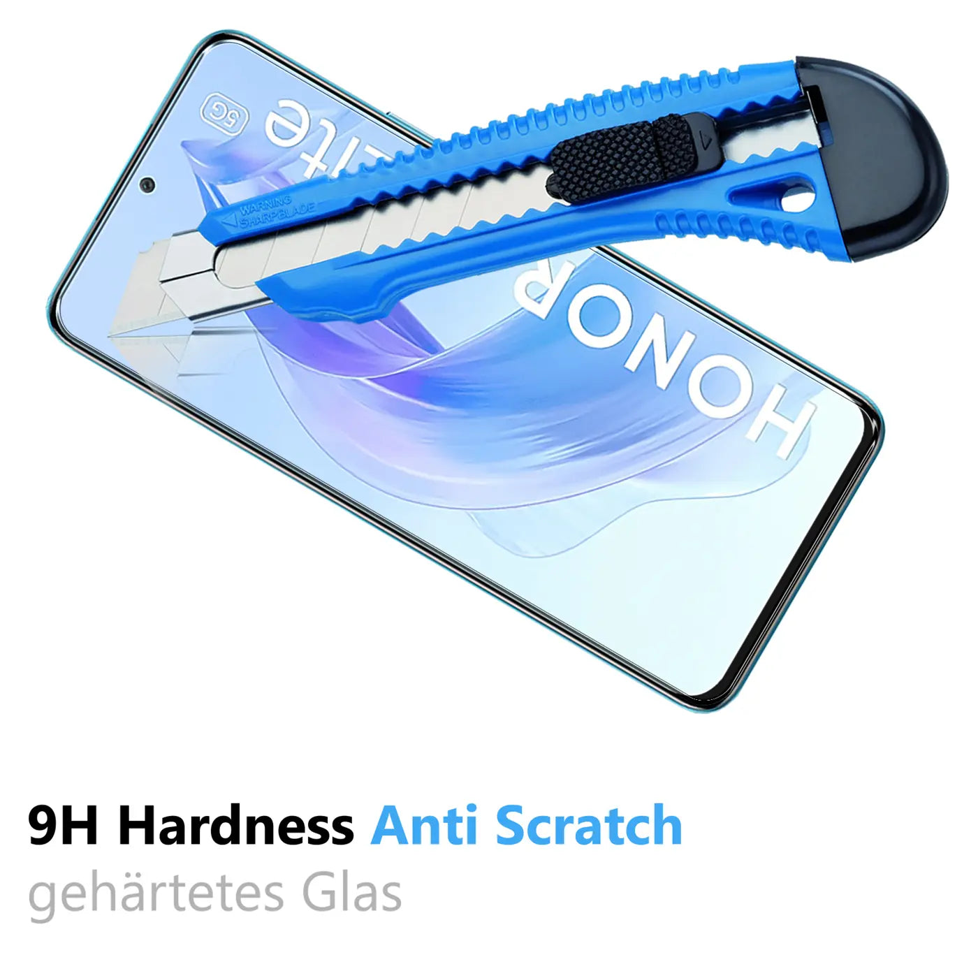 Blaues Cuttermesser auf Honor 90 Lite Display, das Panzerglas simuliert. Vorderansicht schräg von oben.