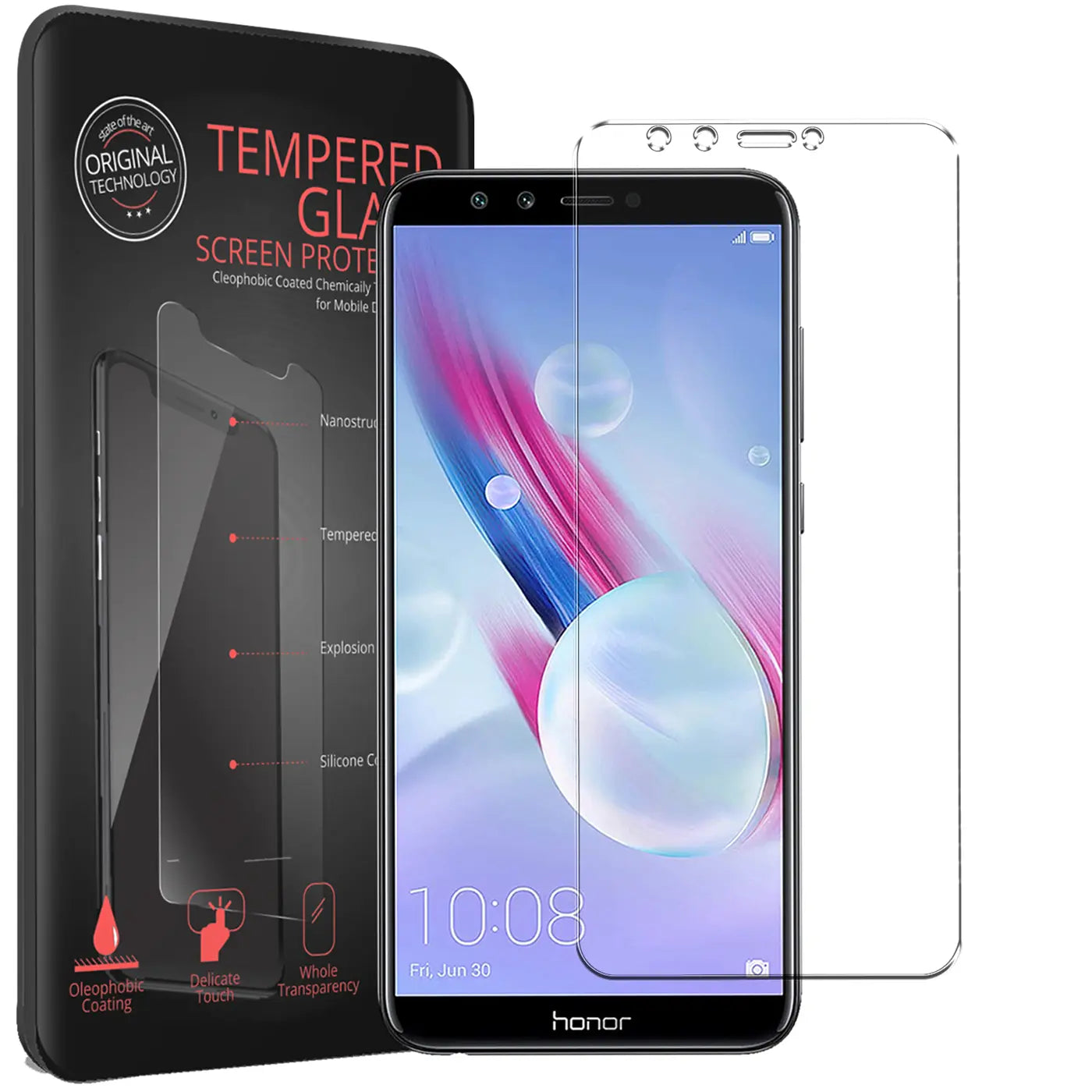 Honor 9 Lite Handy mit schwarzem Rahmen, zwei transparenten Panzerglas-Displayschutzfolien und schwarzer Verpackung.