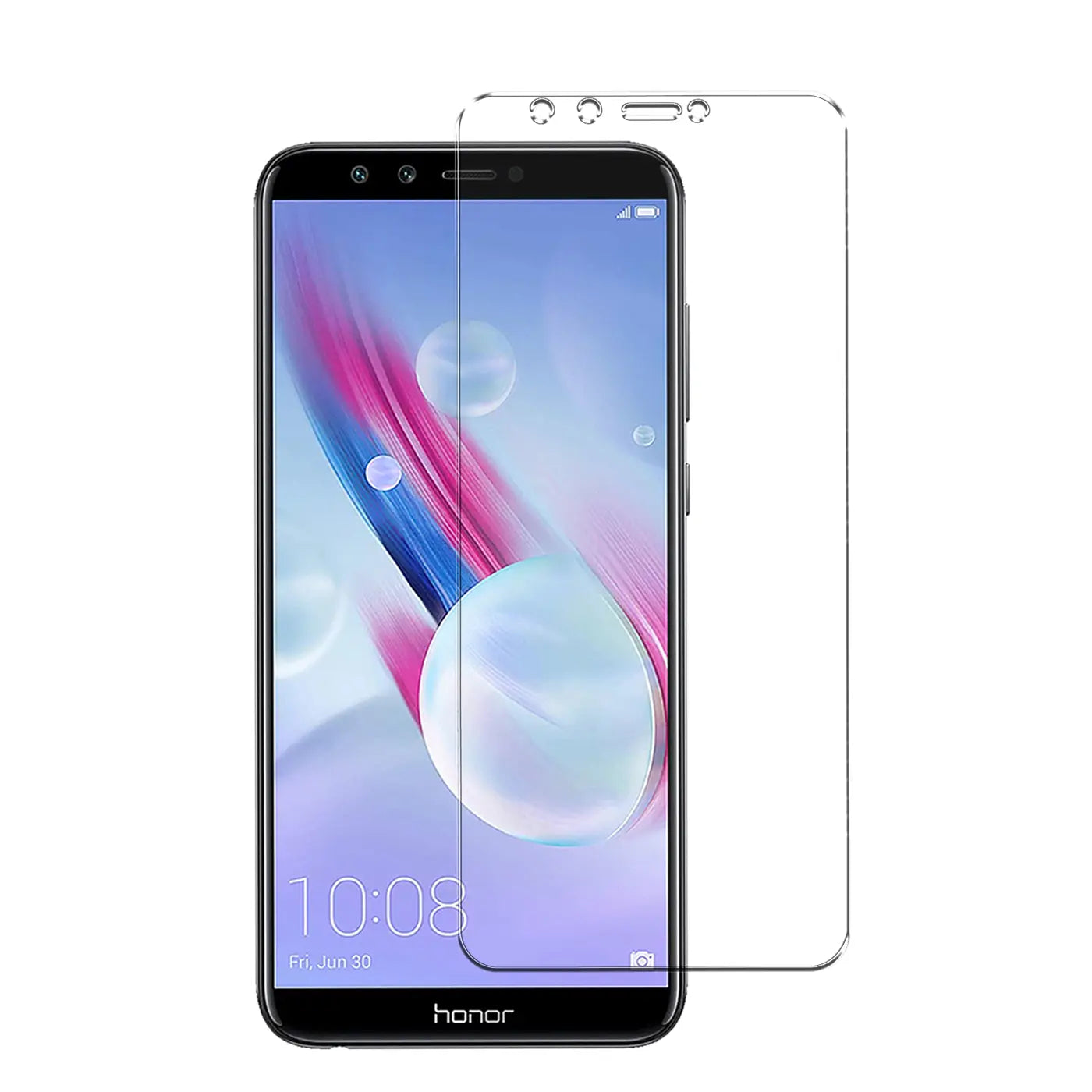 Schwarzes Honor 9 Lite Smartphone mit transparentem Panzerglas-Displayschutz von vorne, leicht rechts versetzt.