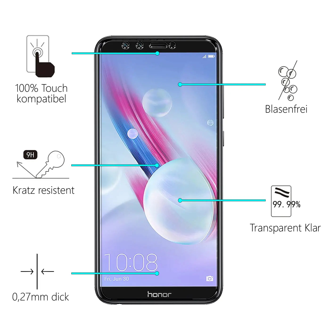 Honor 9 Lite Handy mit transparentem Panzerglas-Displayschutz, Frontansicht. Eigenschaften wie kratzfest und blasenfrei.