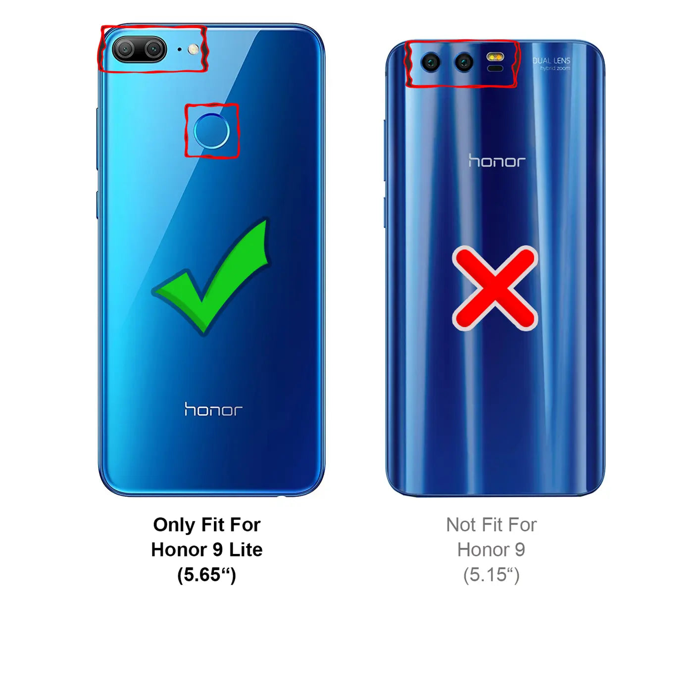 Rückseite des blauen Honor 9 Lite (links, mit Haken) und Honor 9 (rechts, mit X) zur Größenunterscheidung.