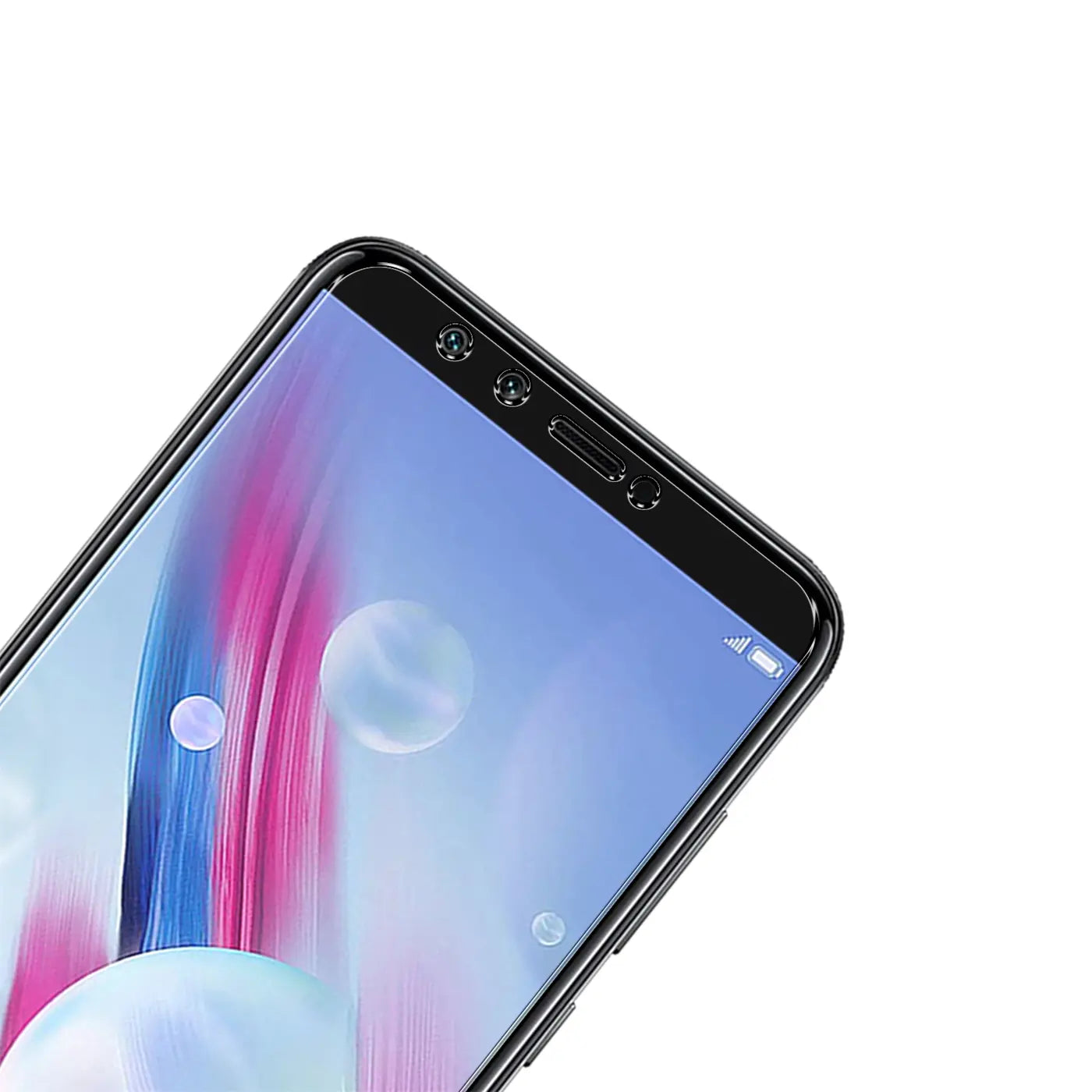 Honor 9 Lite Smartphone mit schwarzem Rahmen, schräg von oben rechts, mit Panzerglas-Displayschutz.